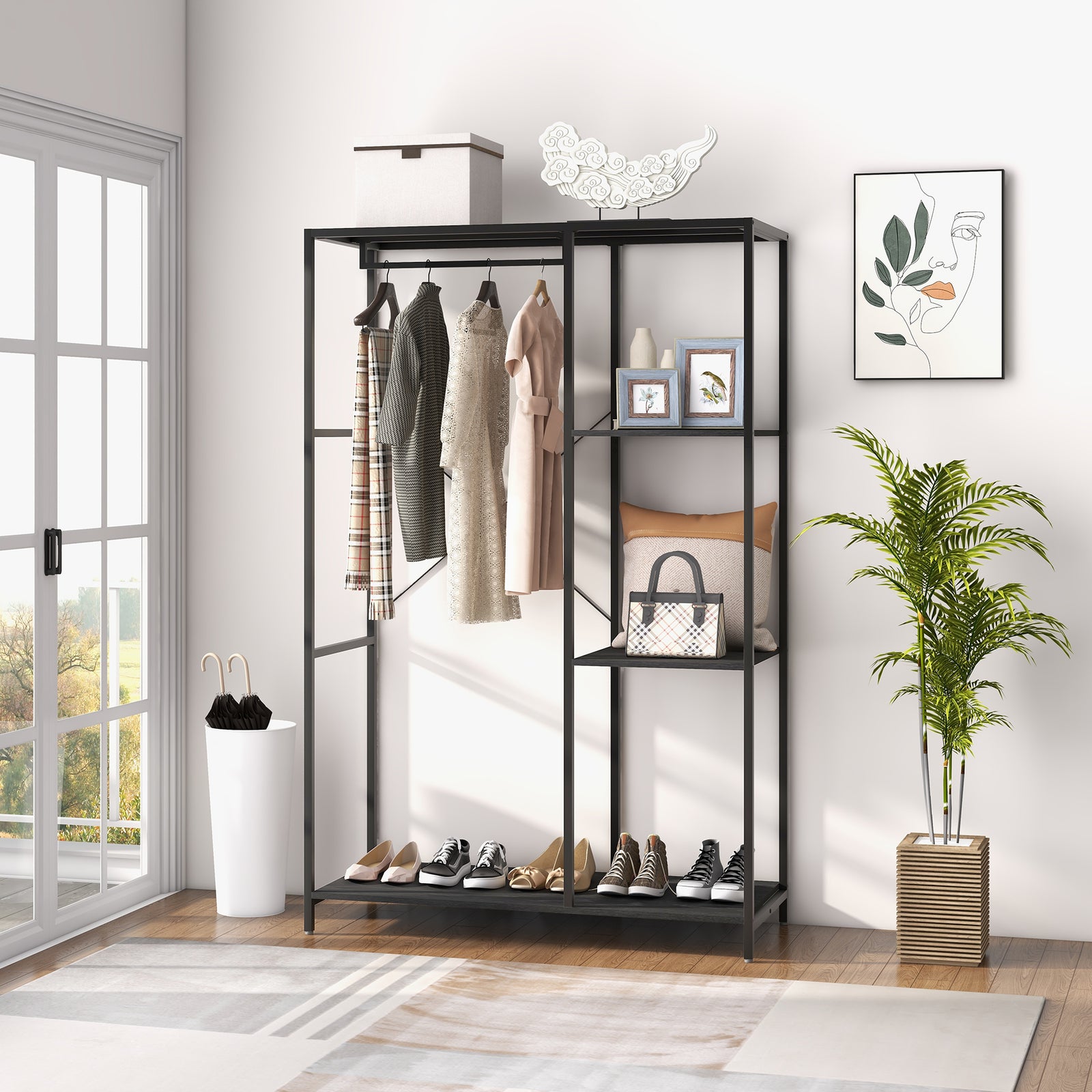 Coat Rack Stand With Hanging Rail And Storage Shelves