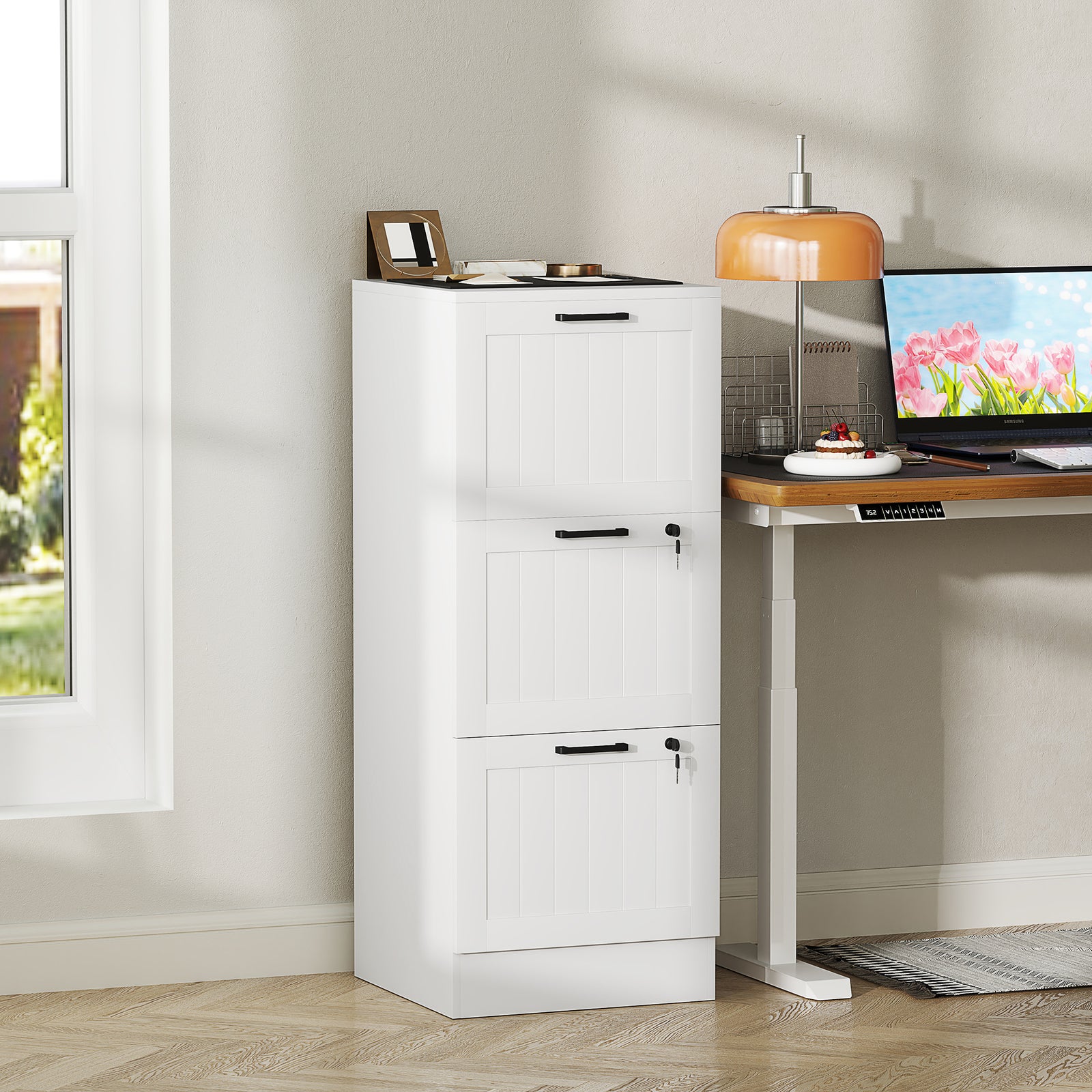 3 Drawer File Cabinet With Lock And Adjustable Hanging Bars | White
