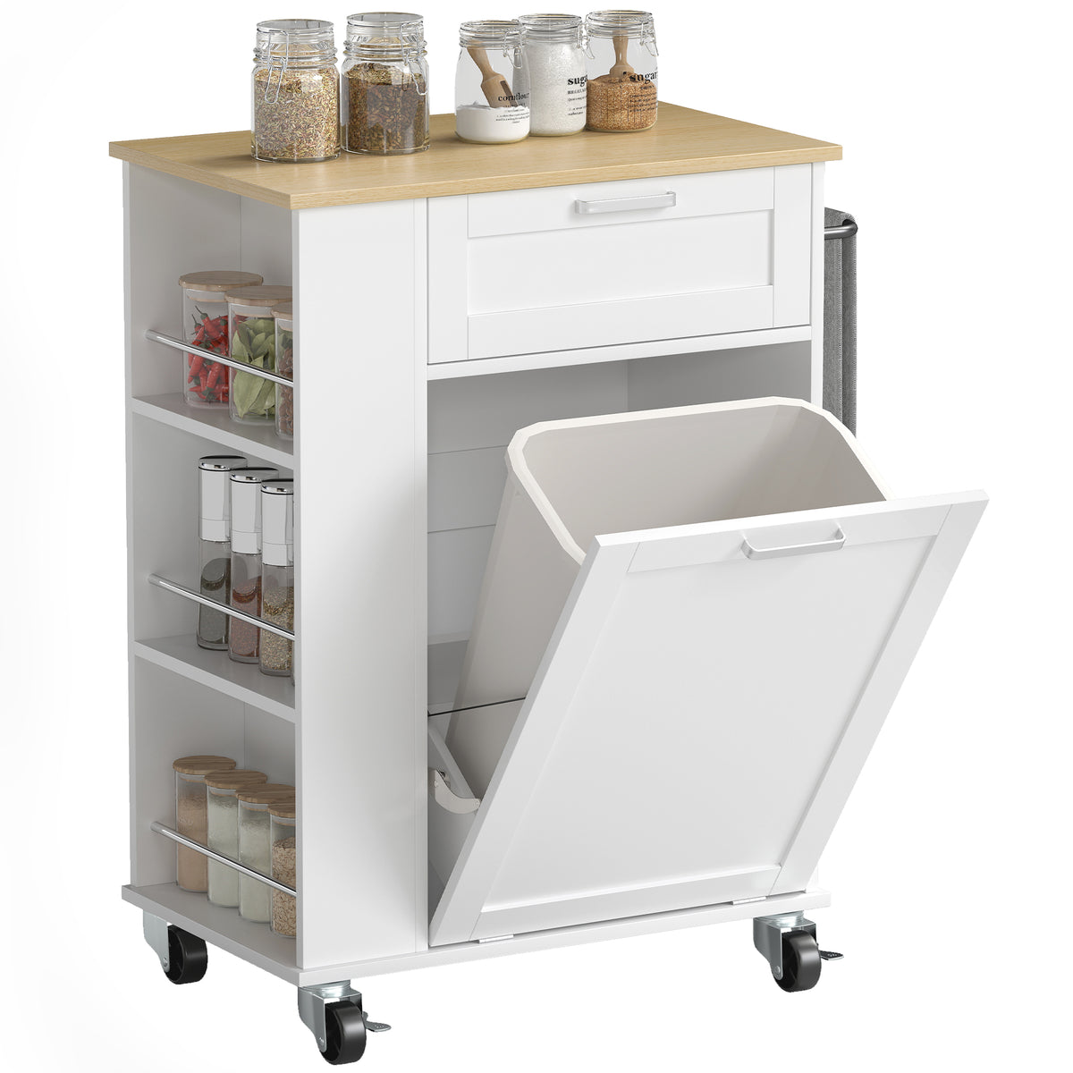 Kitchen Storage Trolley On Wheels With 2 Drawers, Island, White