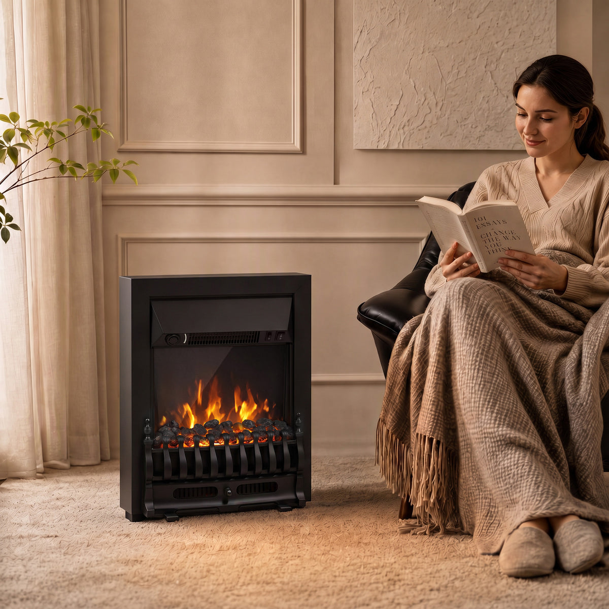 Electric Fireplace Stove Freestanding And Inset, 1000w/2000w, Black