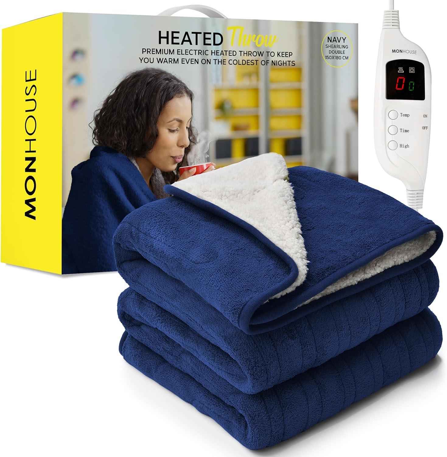 Heated Electric Throw 9h Timer 9 Heat Setting Shearling Fleece Blanket | Double | Navy Blue
