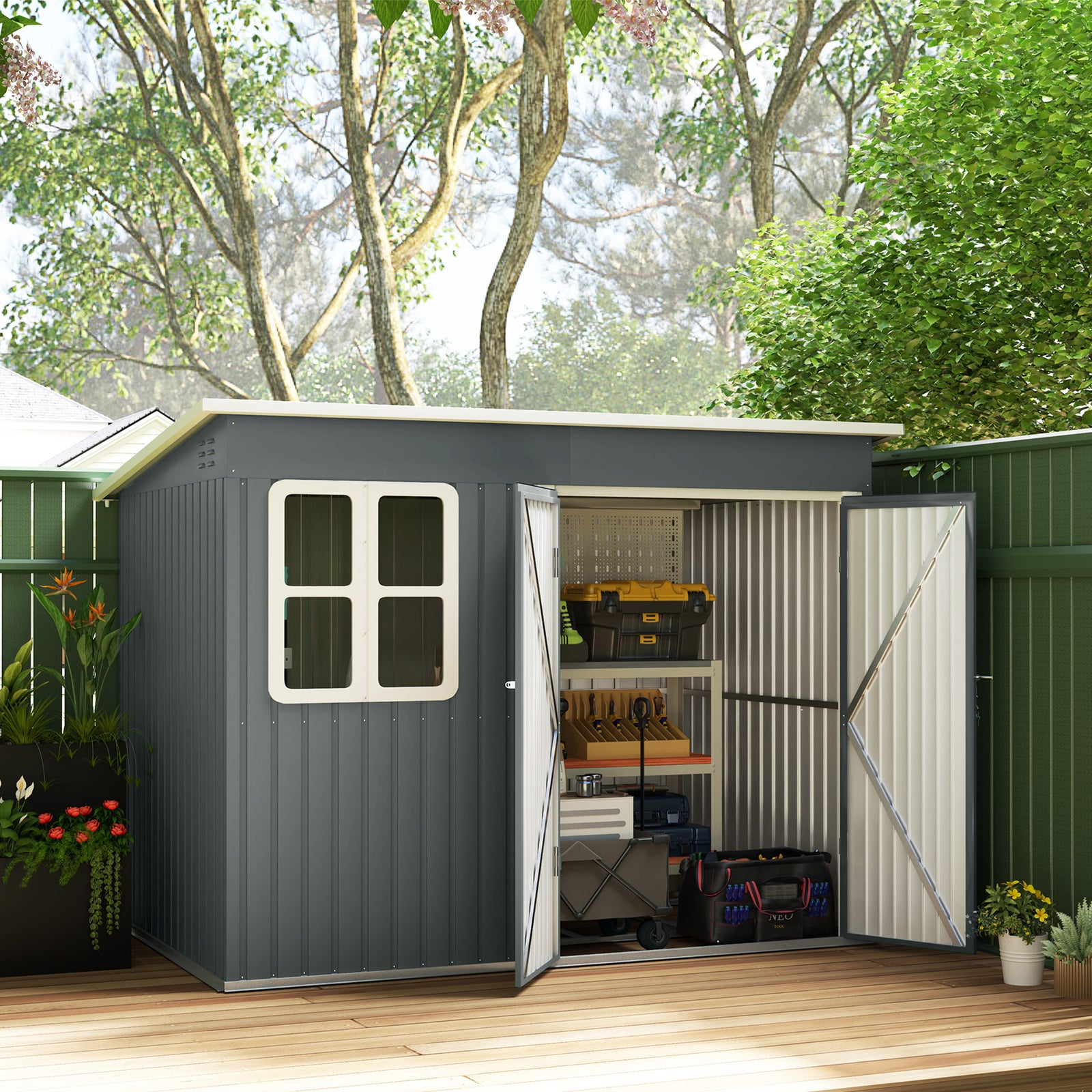 8.5 X 6ft Galvanised Steel Garden Shed With Foundation Kit | Dark Gray