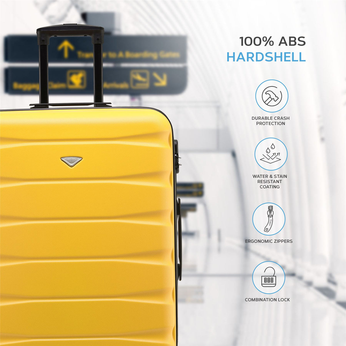 Set Of 3 Hard Shell Suitcase Cabin & Check In Cases With Tsa Lock - Overhead Cabin With Medium & Large Check-in Bag | Set of 3 | Yellow & Black