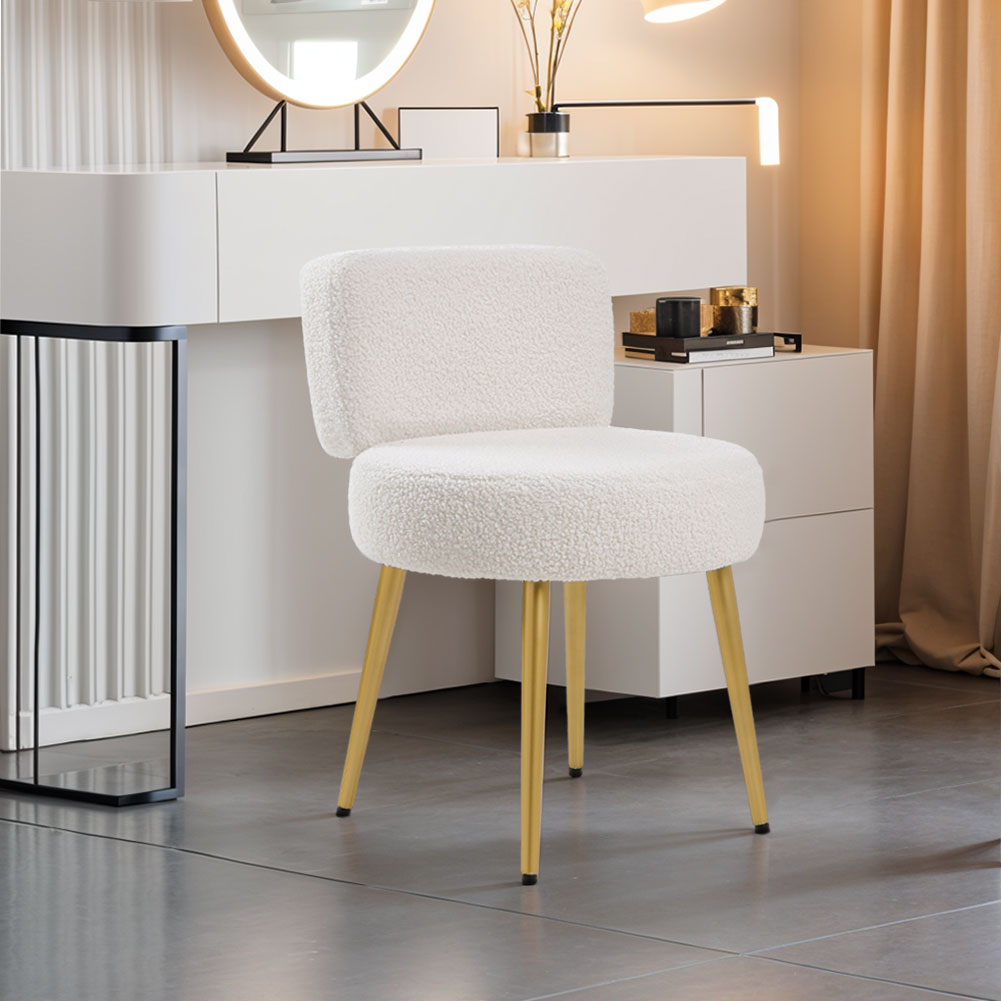 Cream Faux Fur Vanity Stool Chair With Metal Legs