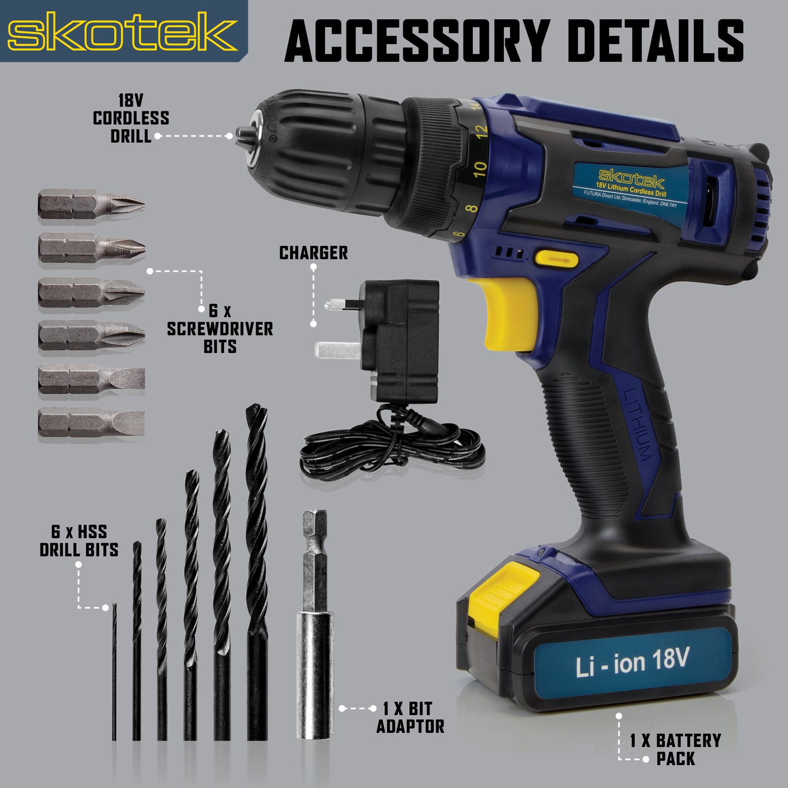 18v Cordless Drill Driver And Screwdriver Set & Drill Bit Kit Li-ion Battery Included, Lightweight Power Battery Drill | 13 Piece Kit – 1x 18v Battery + Charger | Blue