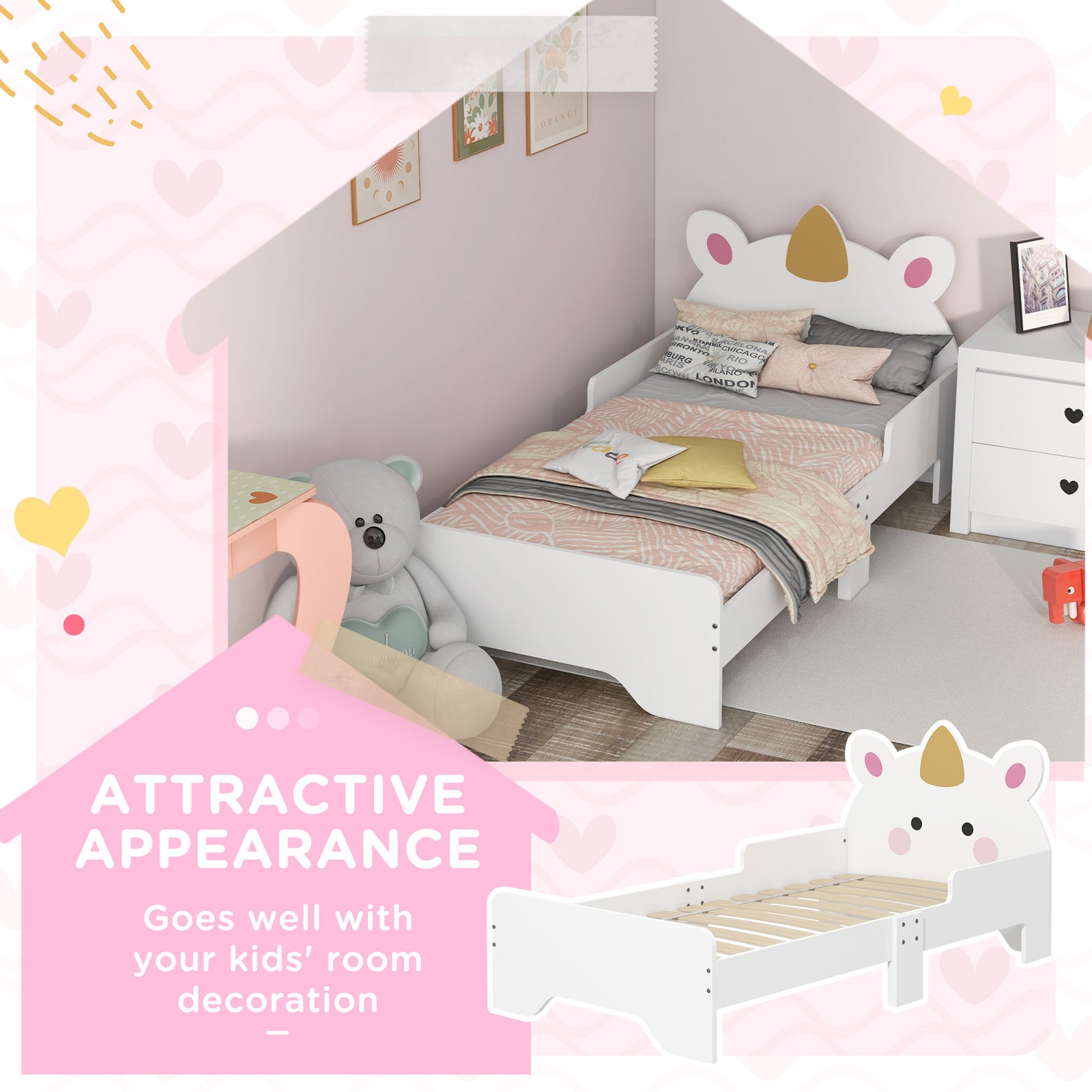 Unicorn-designed Toddler Bed Frame, For Ages 3-6 Years, 143 X 74 X 67cm - White | White