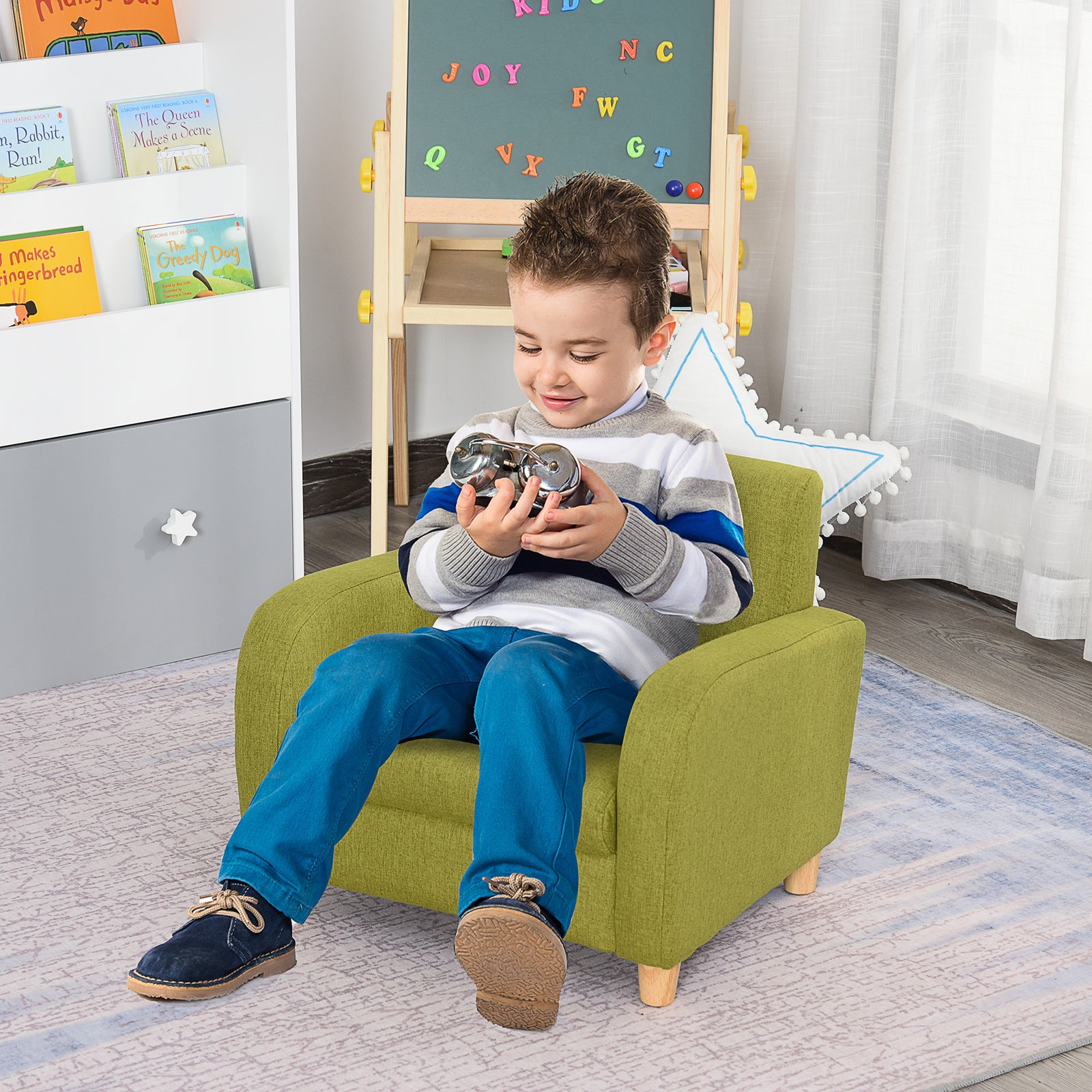 Child Armchair Wood Frame W/ Padding Seat Low-rise Bedroom | Green