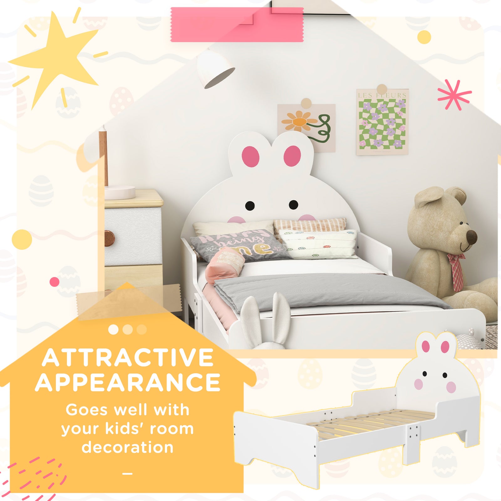 Rabbit Design Toddler Bed Frame, For Ages 3-6 Years, 143 X 74 X 75cm - White | White