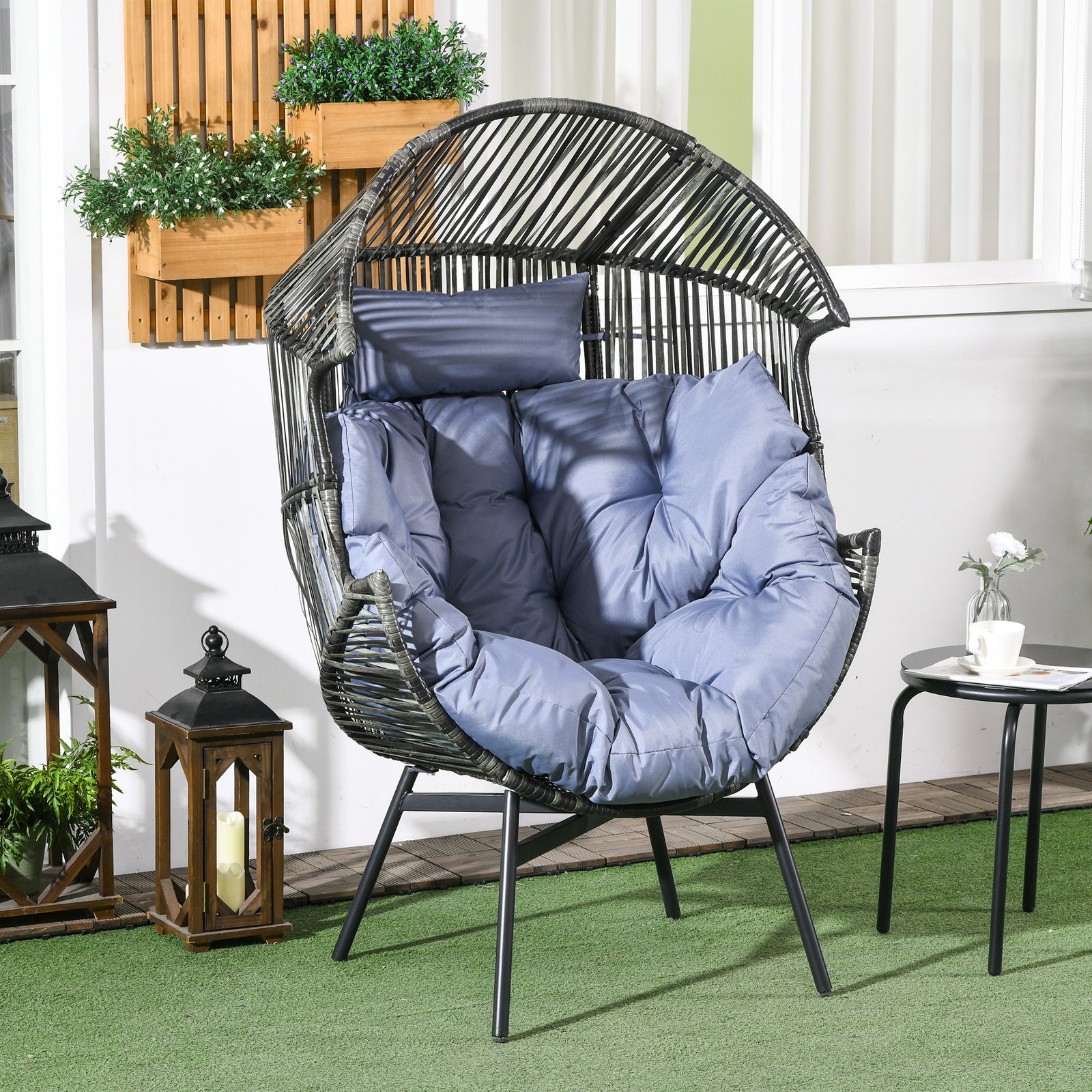 Rattan Leisure Chair W/ Cushion, Garden Egg Chair W/headrest | Light Slate Gray