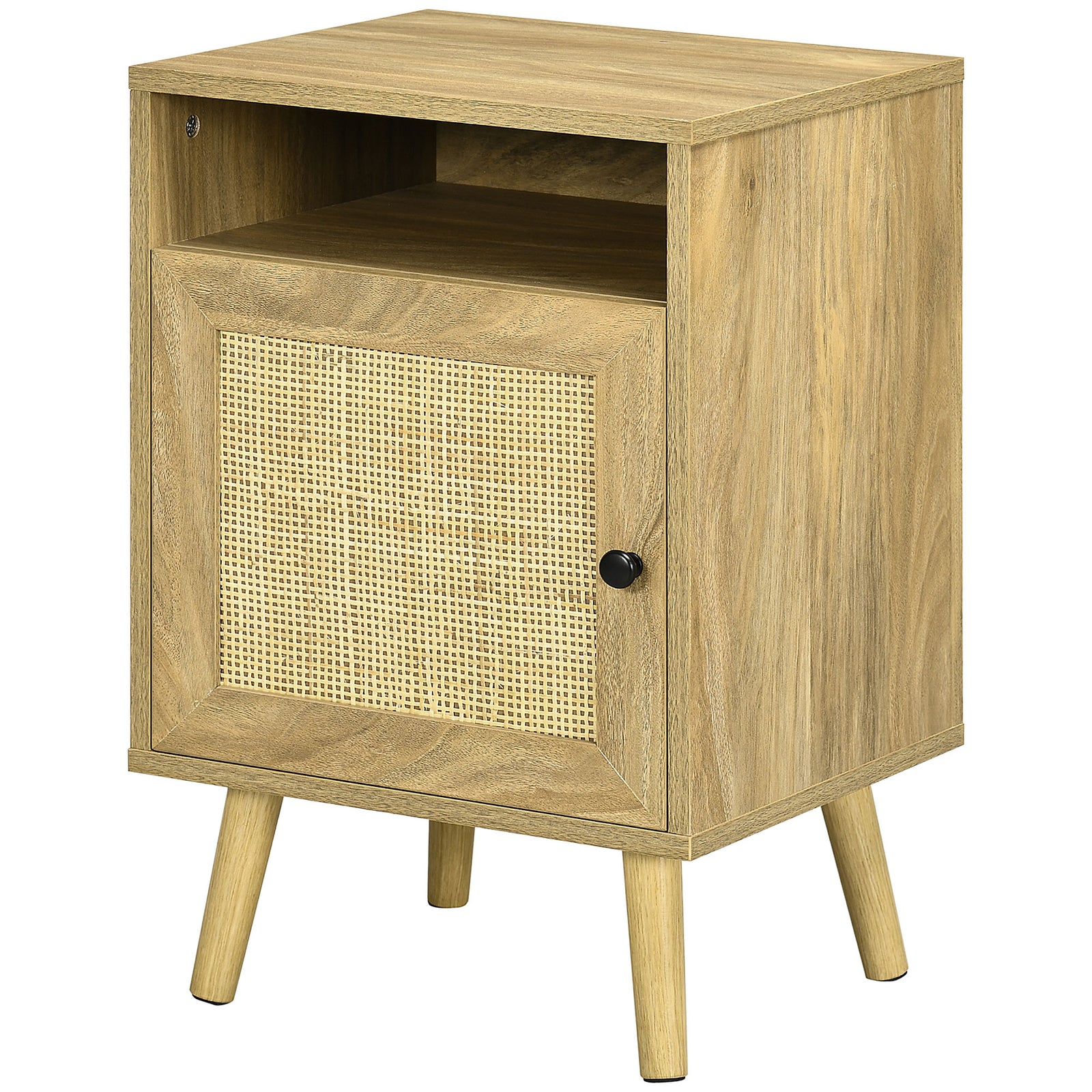 Nightstand, Rattan Bedside Table W/ Cabinet, Shelf