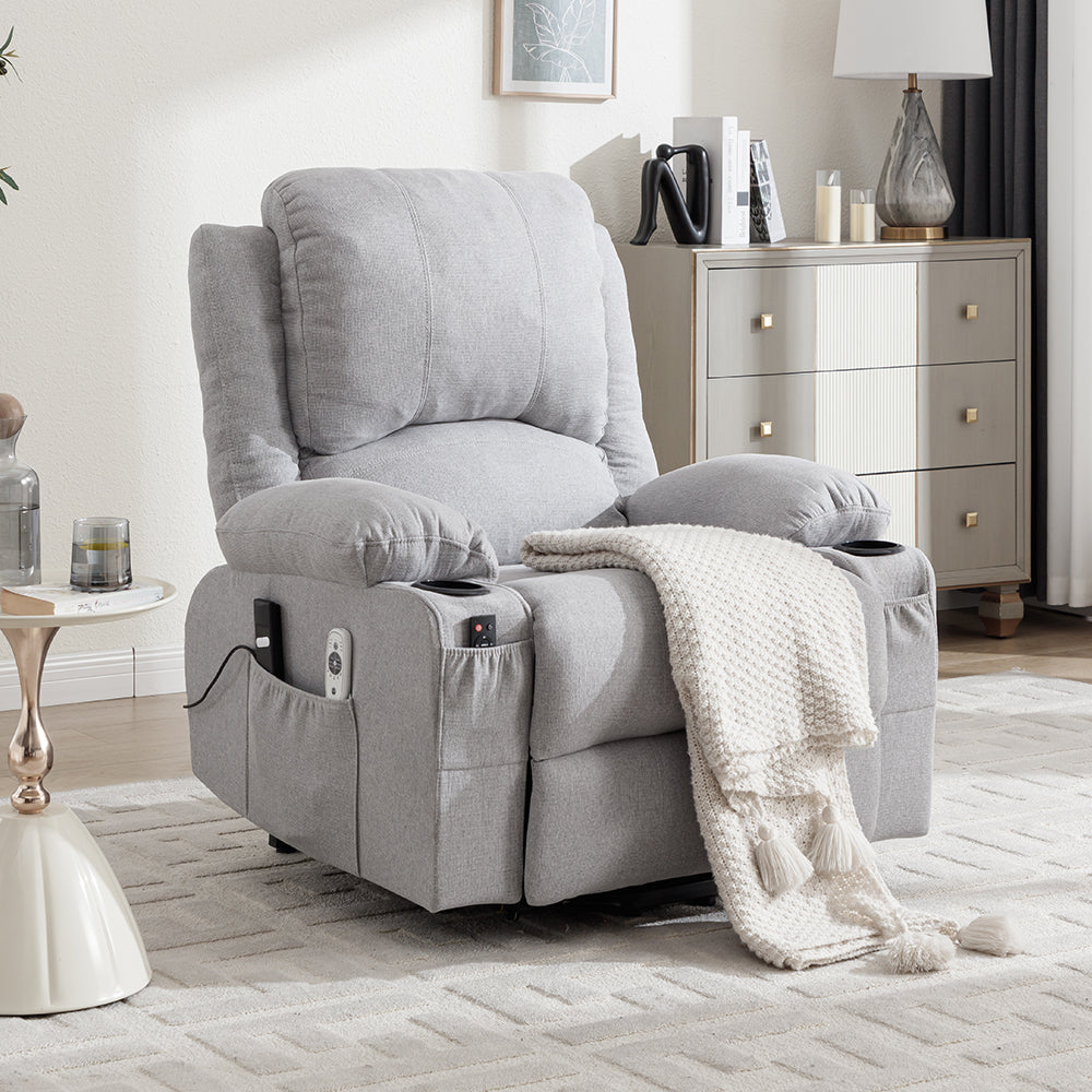 Electric Power Lift Recliner Chair With Heat & Massage, Chenille Fabric Recliner | Light Grey