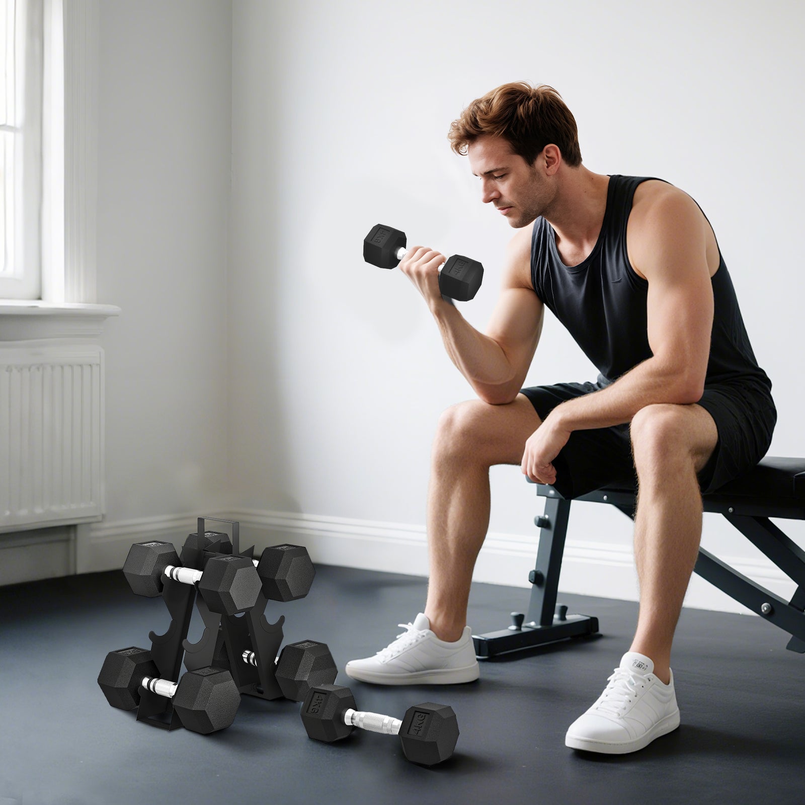 36kg Hex Dumbbell Set With Dumbbell Rack, Rubber Coated Weights