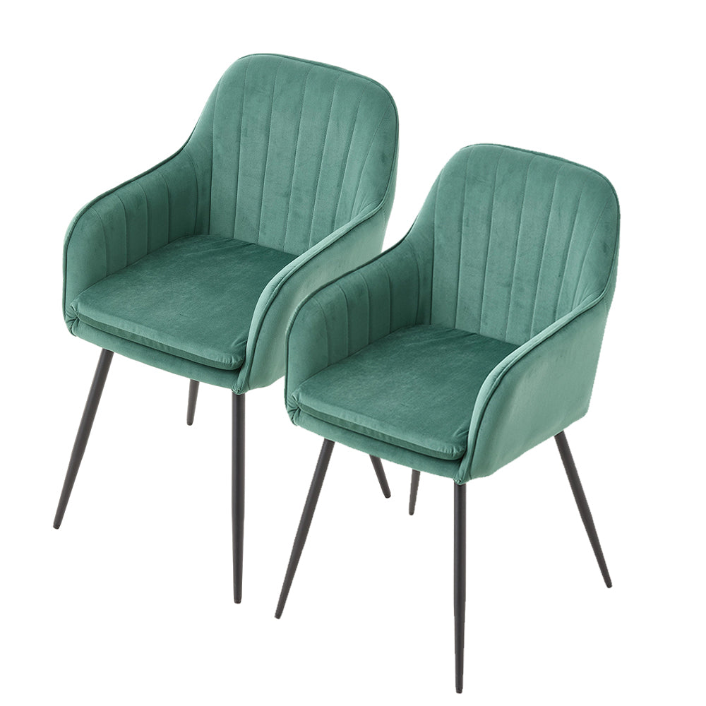 Set Of 2 Modern Velvet Dining Chairs With Armrests And Black Iron Legs | Green