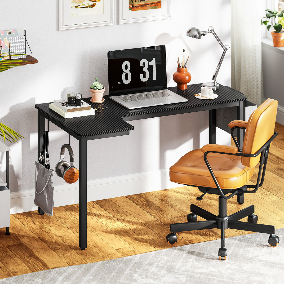HOMCOM L-shaped Corner Desk Computer With Fabric Bag And Hooks, Black