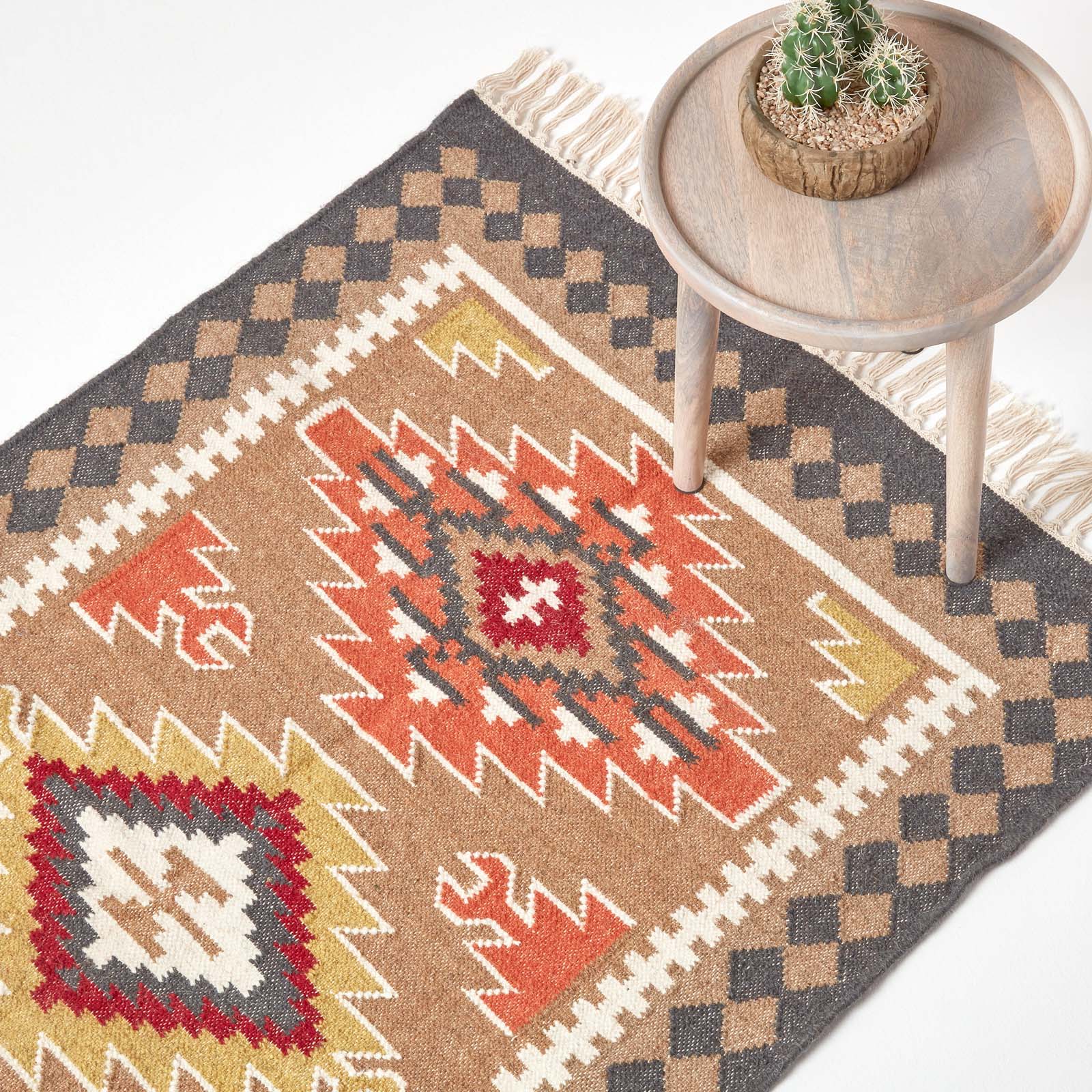 Jaipur Handwoven Brown And Orange Kilim Wool Rug | 150cm x 220cm | Brown