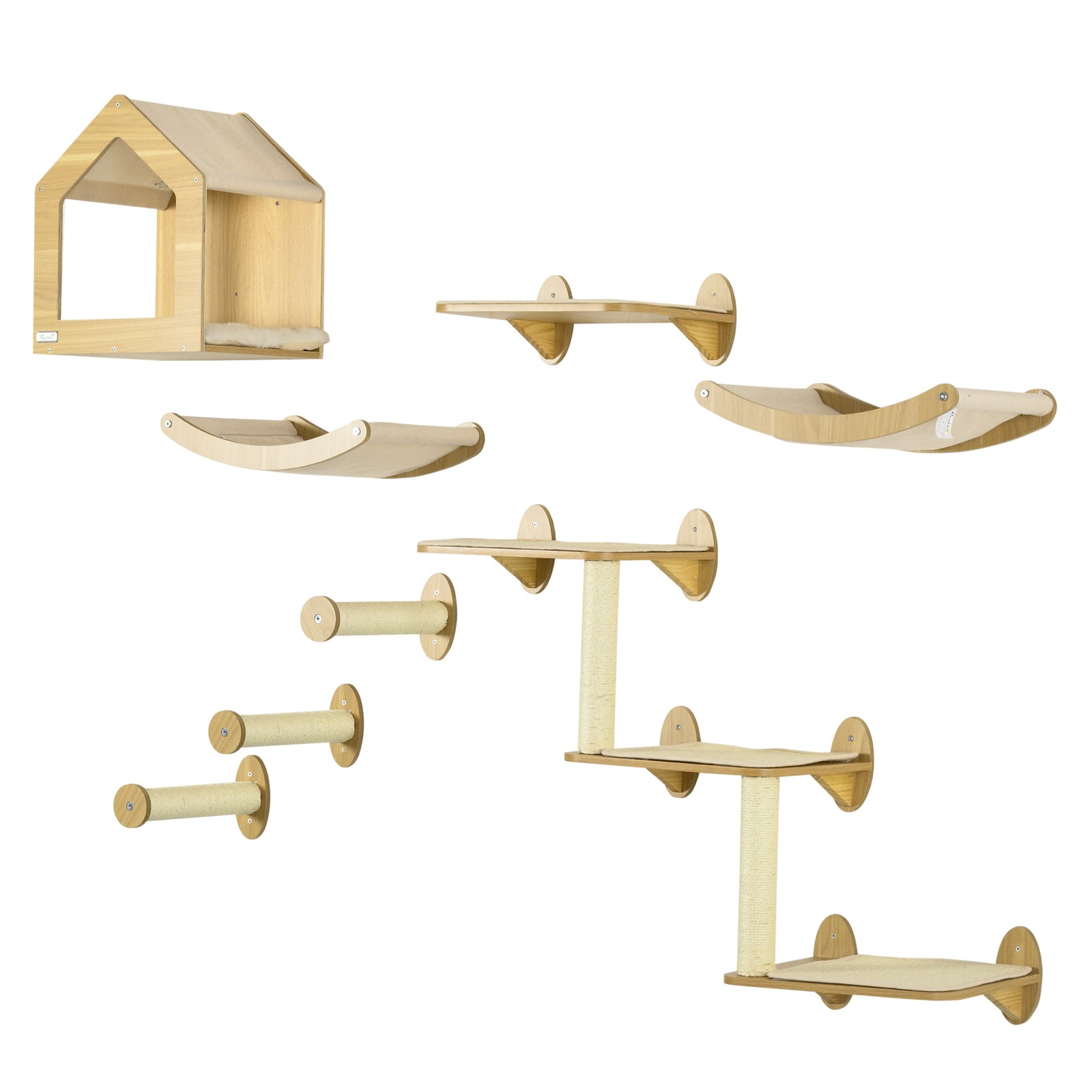 8 Piece Cat Shelves Set With Cat House, 3 Perches