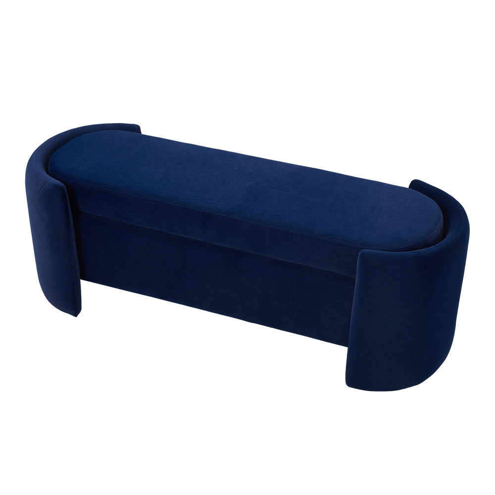 Chenille Upholstered Storage Bench With Arc-shaped Sides, 125cm Wide Ottoman Seat With Hidden Compartment For Living Room Or Bedroom | Blue