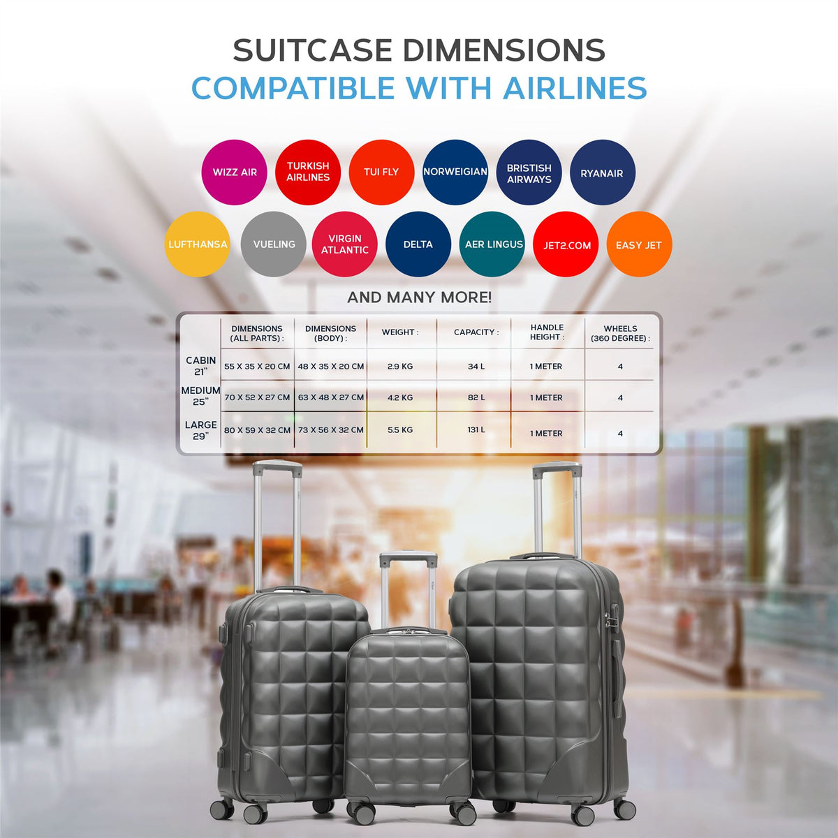 Set Of 3 Hard Case Bubble Design Check-in Size Suitcases Hold Luggage - Overhead Cabin Bag With Medium & Large Check-in 20kg+ Hold Suitcase | Set of 3 | Anthracite