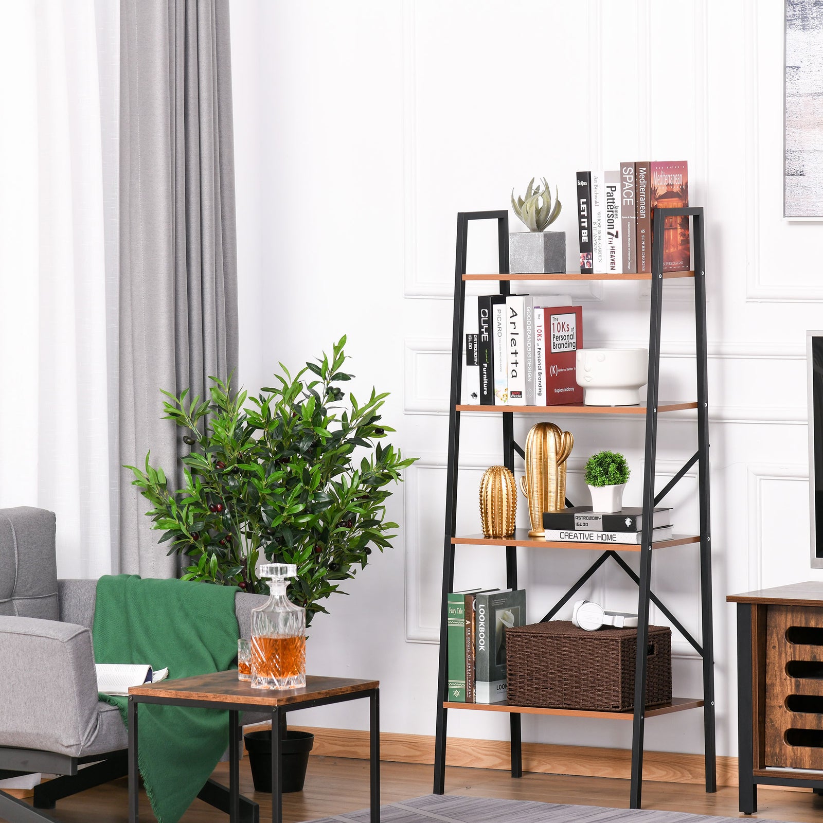 4-tier Minimalistic Ladder Shelf Unit Steel Frame Display | One Size | Brown