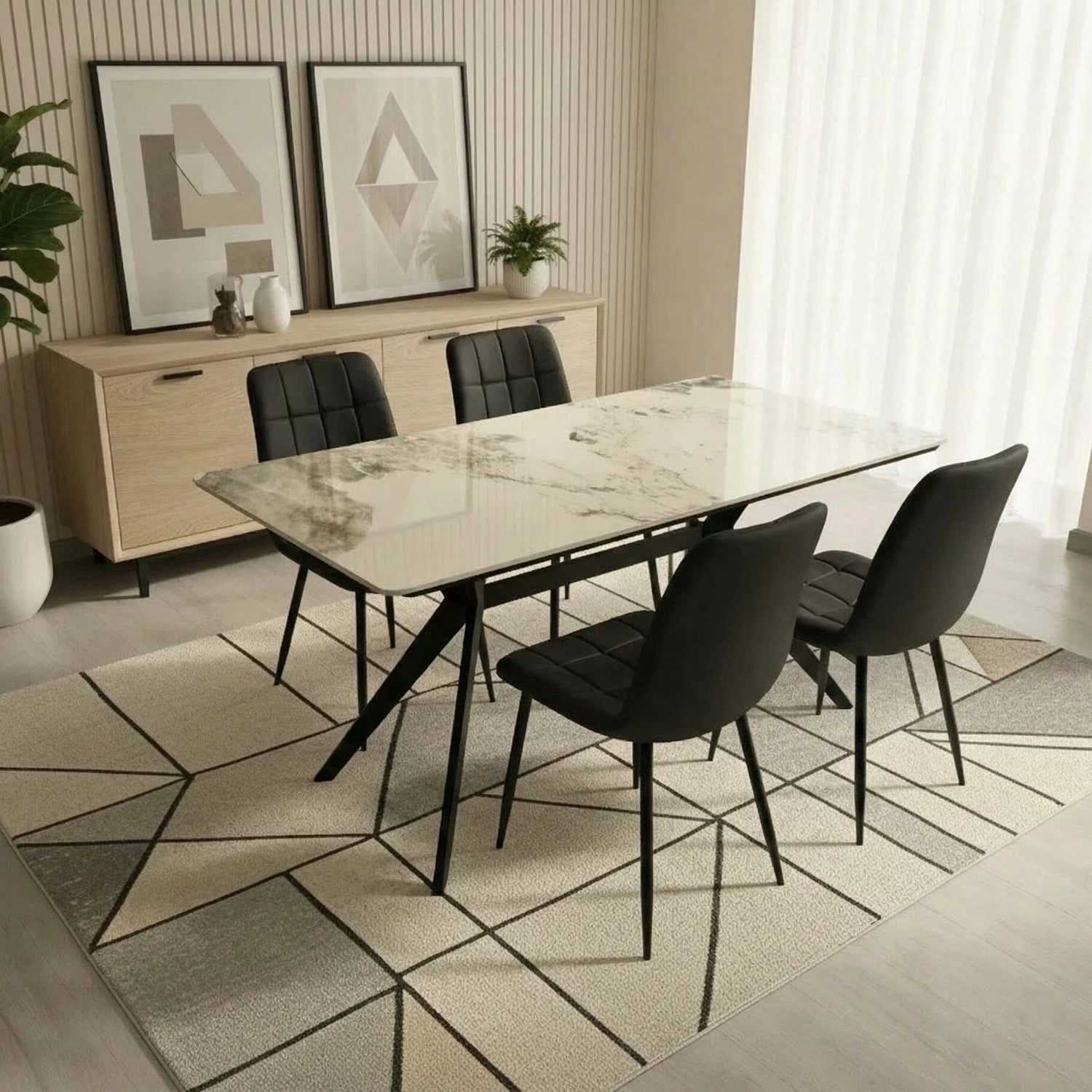 San Diego Marble Top Dining Table With Erica Velvet Chairs | Black