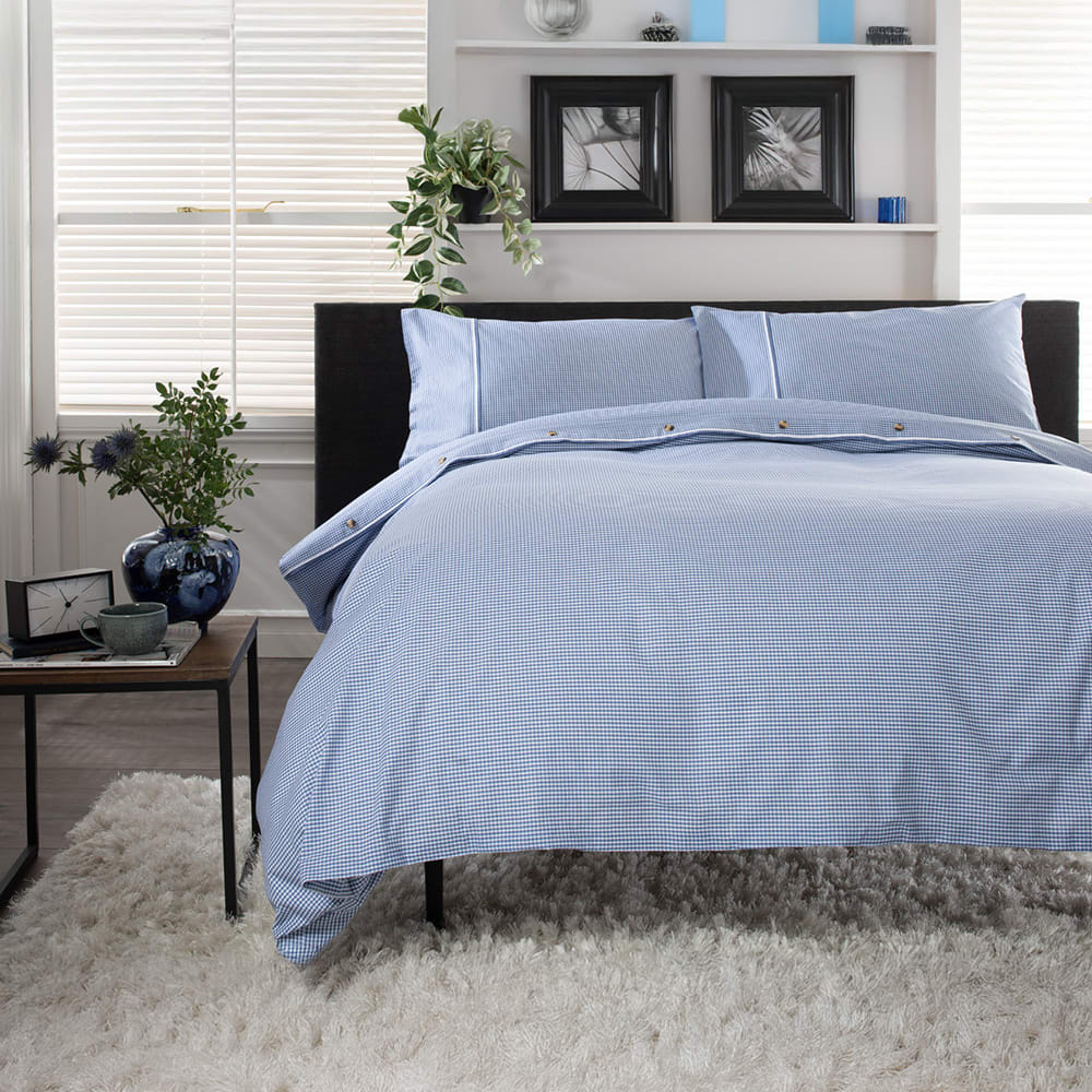 Gingham Cotton Duvet Cover Set – Soft, Breathable Fabric With Double-piped Edging | King | Blue