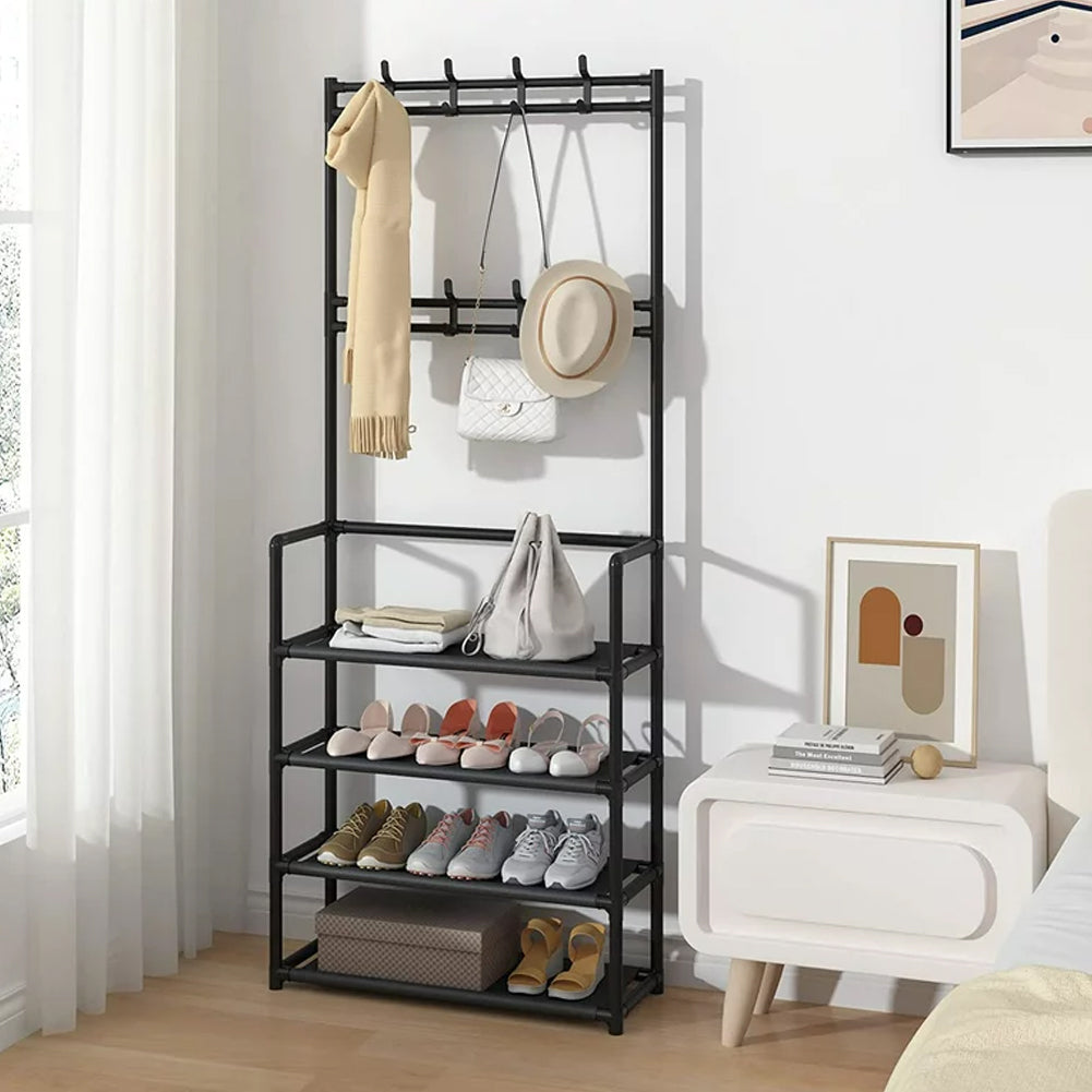 Entryway 4 Tier Shoe Rack With Coat Hanger | Black