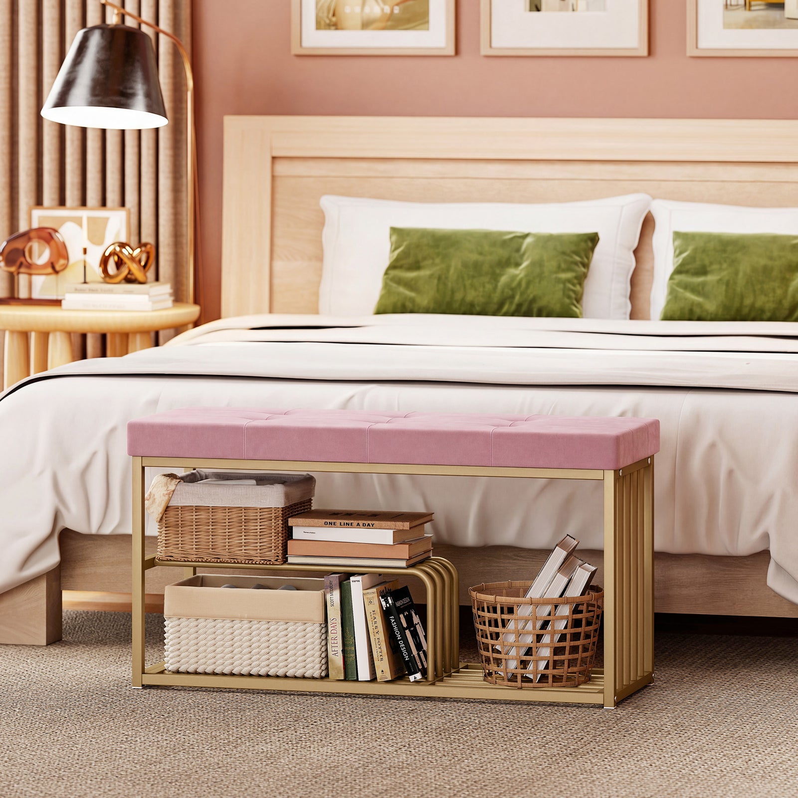 Shoe Storage Bench With Seat Cushion Tufted Shoe Rack Bench | Pink