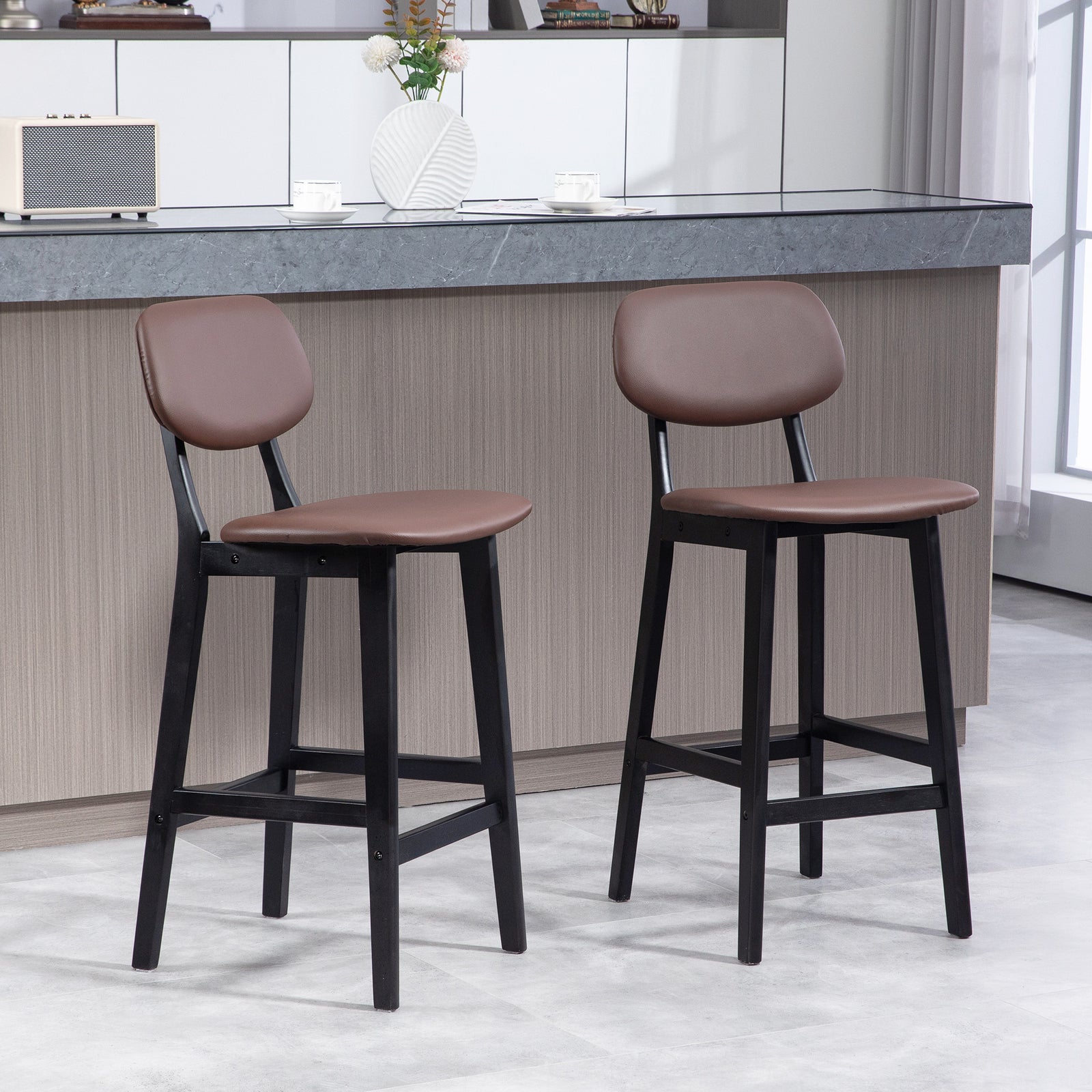 Breakfast Bar Stools Set W/ Pu Leather Wood | Brown