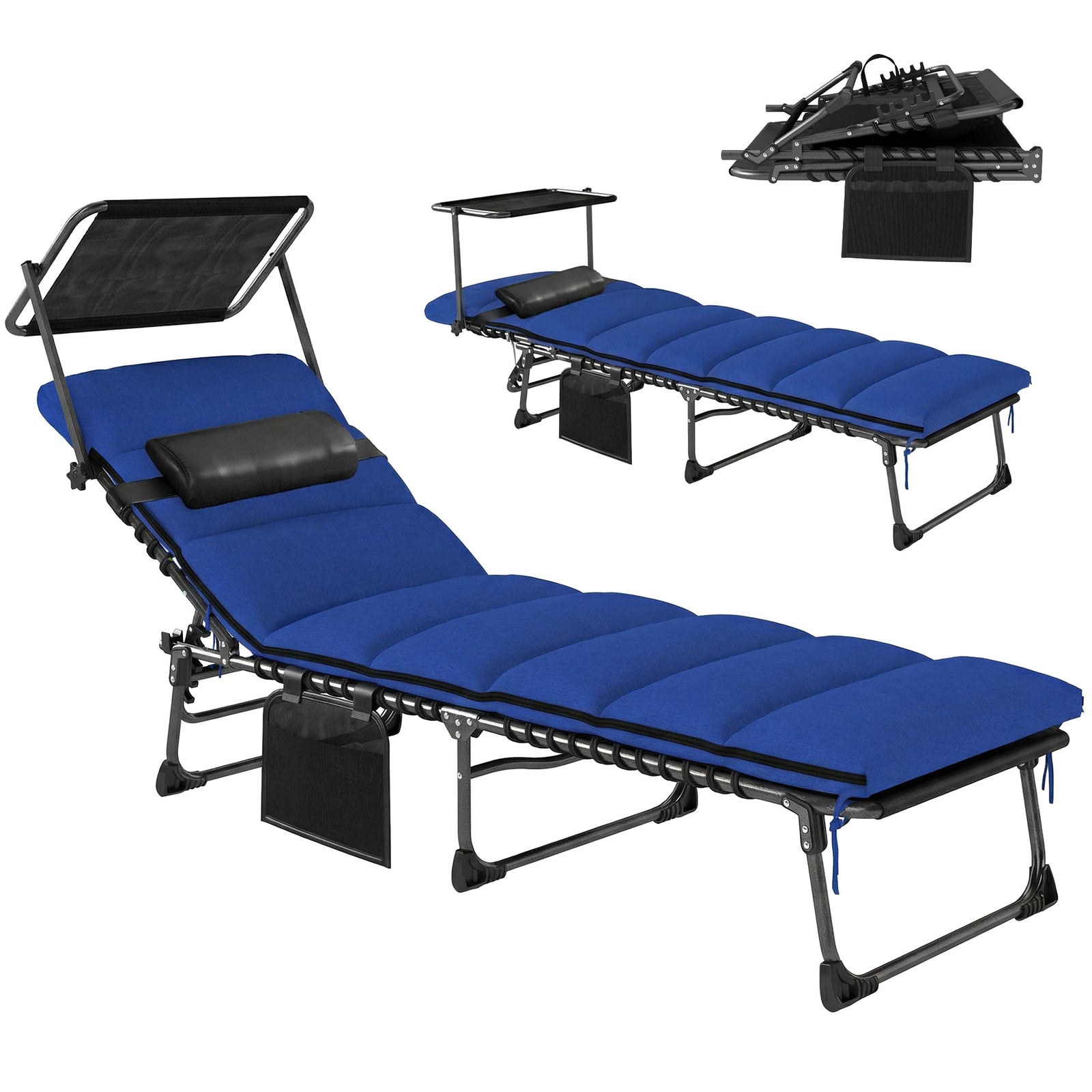 Folding Sun Lounger, Sun Bed With Canopy | Dark Blue