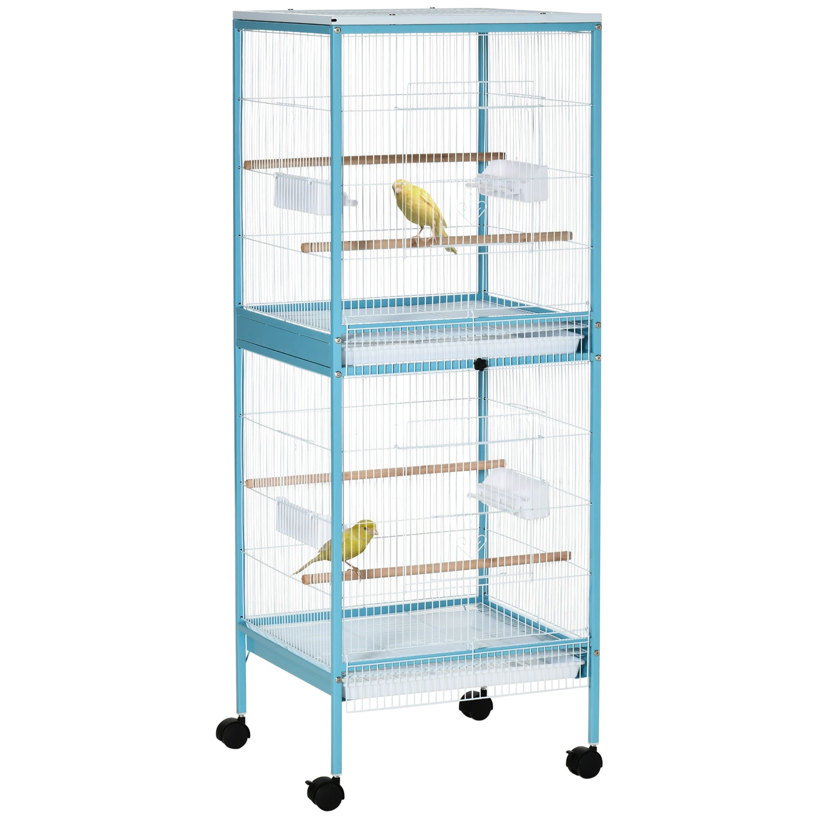 2 In 1 Large Bird Cage Aviary With Wheels, Slide-out Trays Wood Perches
