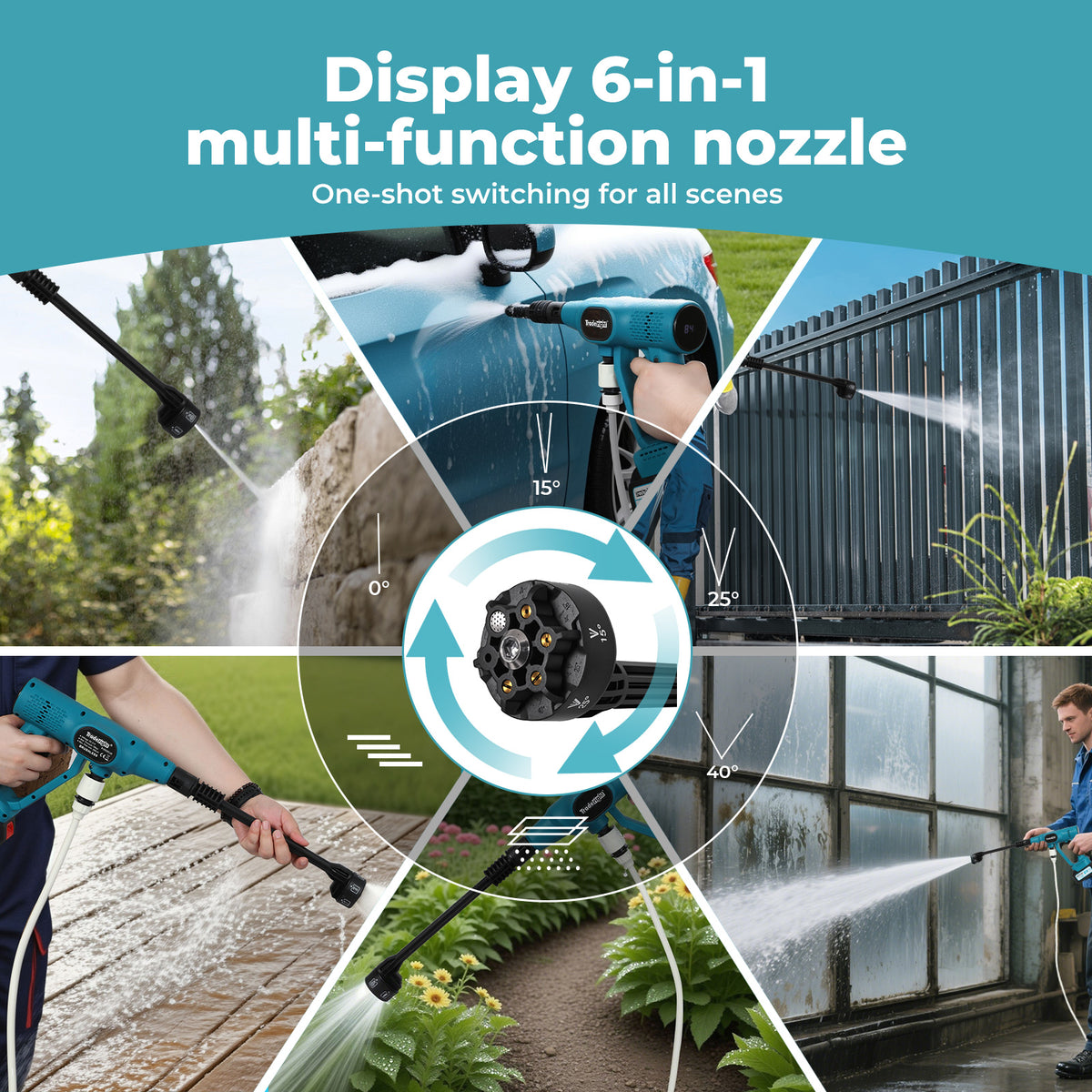 Cordless Pressure Washer 50bar/725psi Dual 4000mah  6-in-1 Nozzle Lcd | Blue