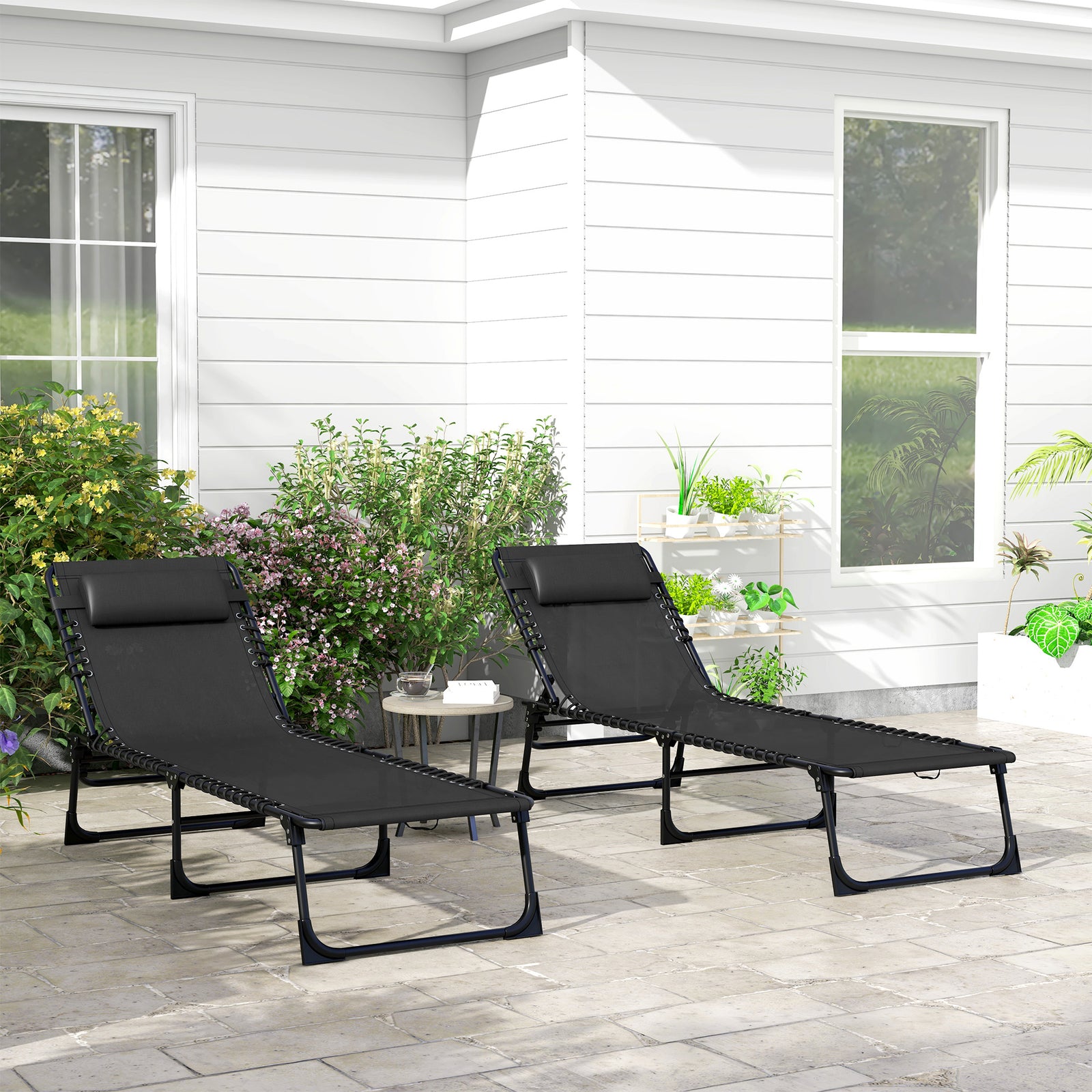 2 Pcs Beach Chaise Lounge 4 Adjustable Positions | Set of 2 | Black