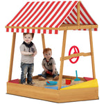 AIYAPLAY Wooden Kids Sandpit, Boat-style Sandbox W/ Canopy, Seats, Rudder & Bottom Liner