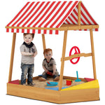 Wooden Kids Sandpit, Boat-style Sandbox W/ Canopy, Seats, Rudder & Bottom Liner