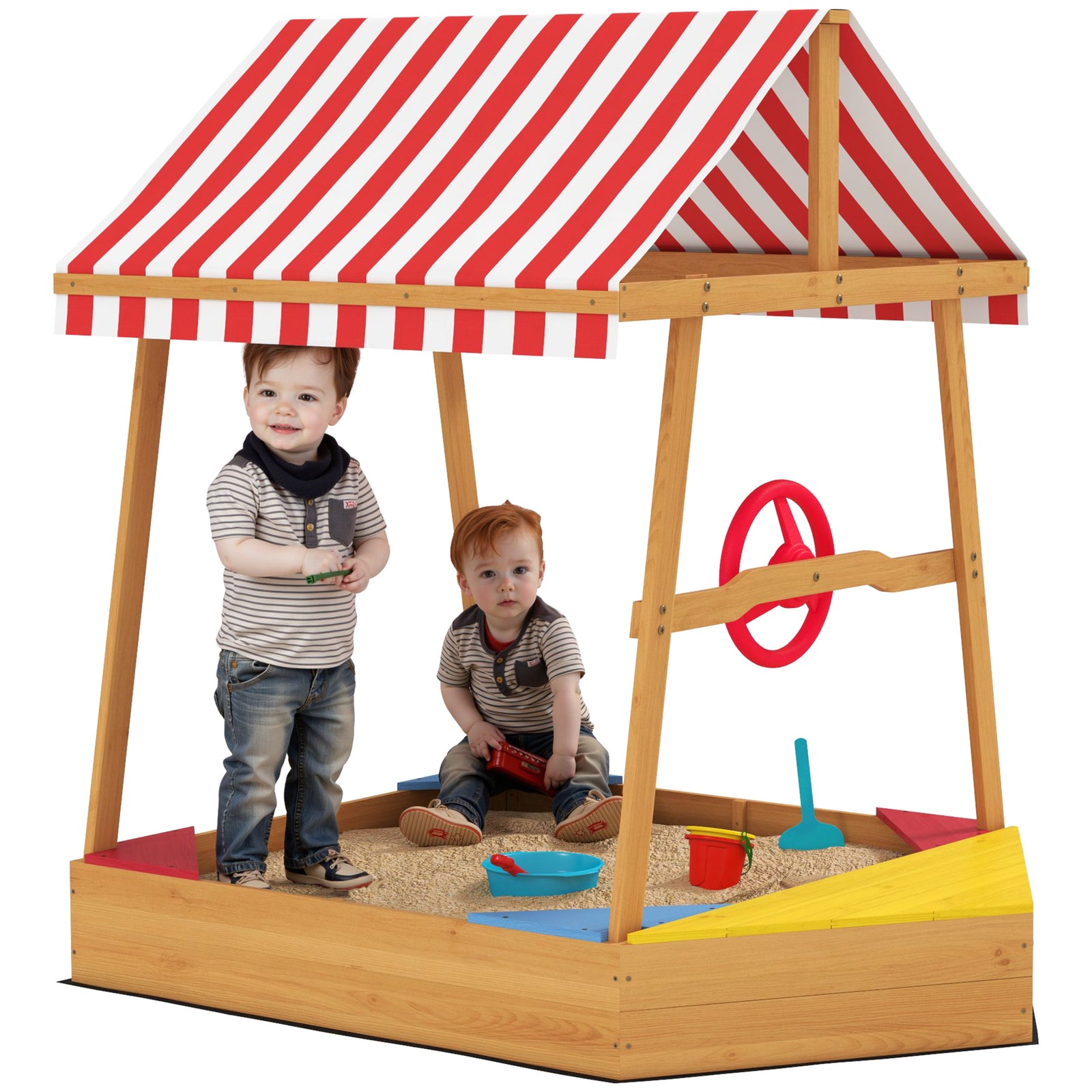 Wooden Kids Sandpit, Boat-style Sandbox W/ Canopy, Seats, Rudder & Bottom Liner