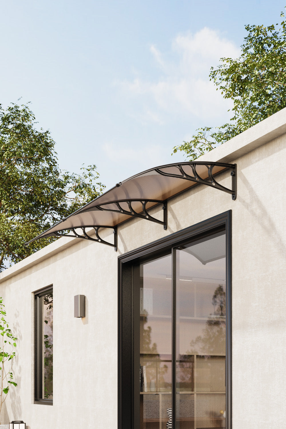 1-2.7m Curved Outdoor Door Window Awning Canopy - Transparent Brown PET Plastic Elegant Sun Rain Cover | XL | Brown