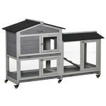 Wooden Rabbit Hutch Guinea Pig Cage W/ Wheels, Run, Ramp | Gray