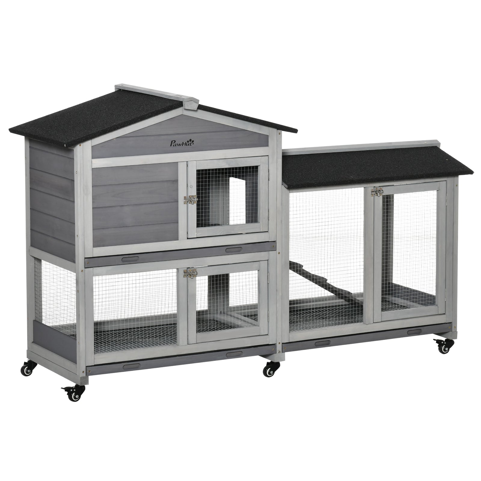 Wooden Rabbit Hutch Guinea Pig Cage W/ Wheels, Run, Ramp | Gray