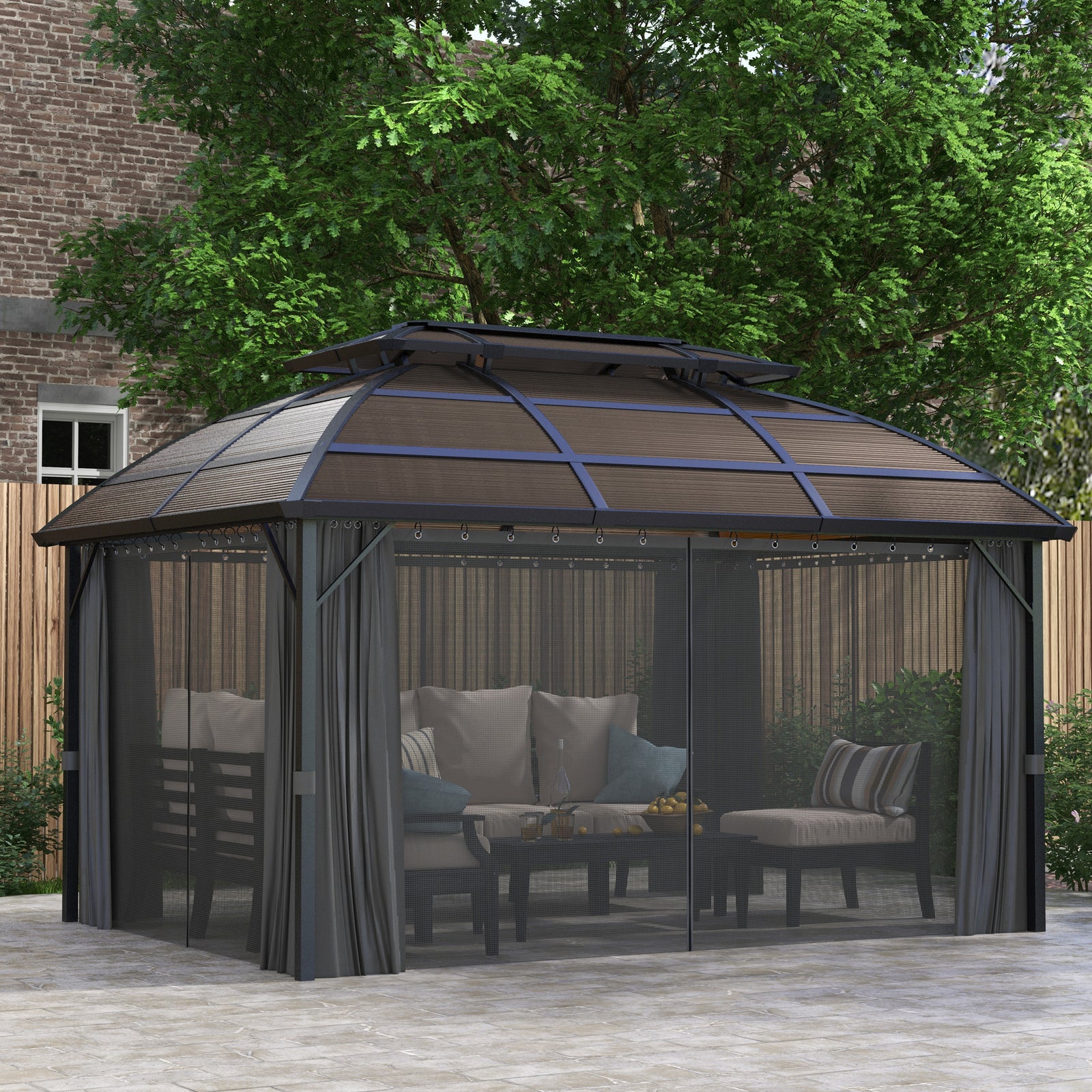 4 X 3(m) Polycarbonate Gazebo W/ Curtains, Nettings, 2 Roofs | Brown