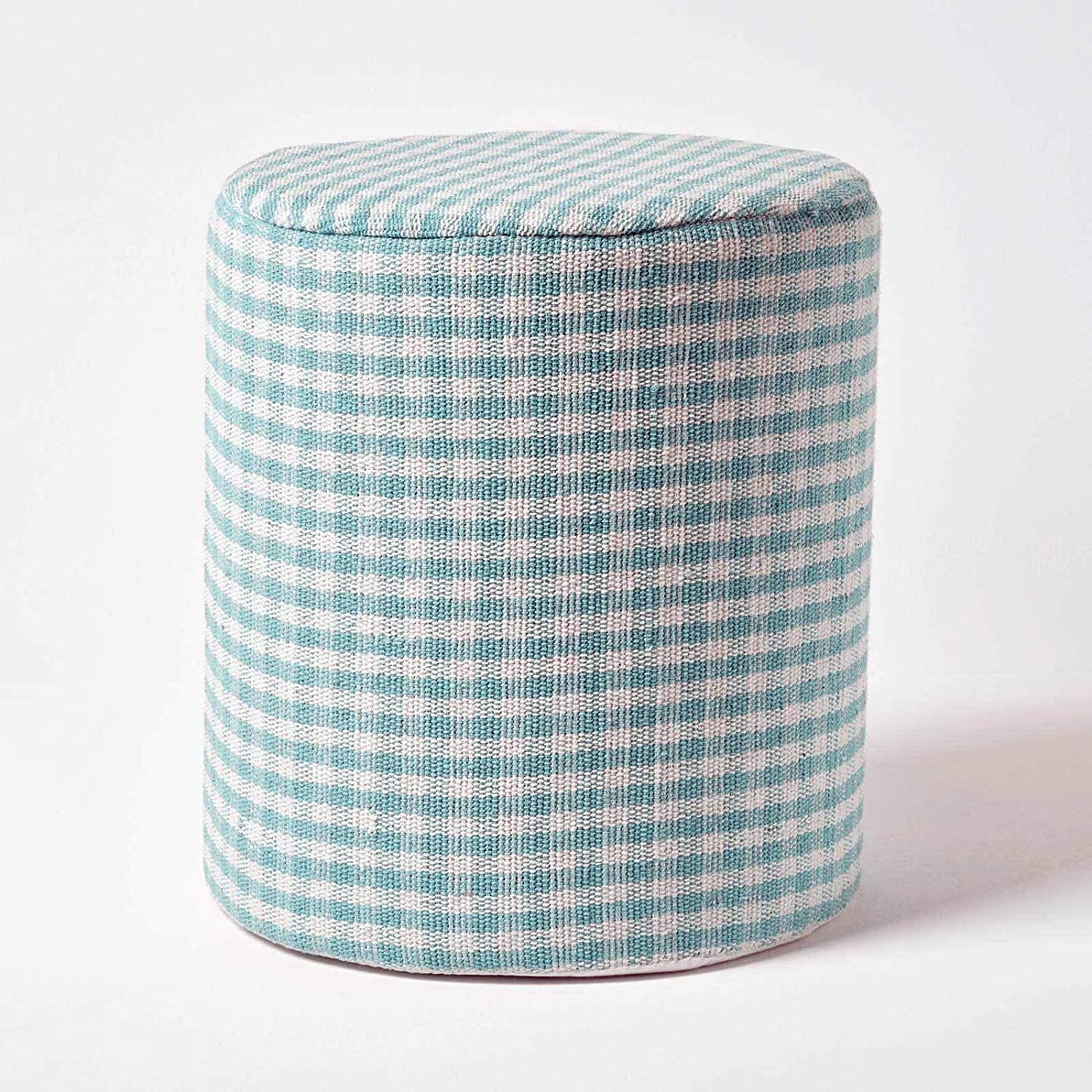 HOMESCAPES Blue Gingham Check Round Pouffe Cotton 40 X 42 Cm