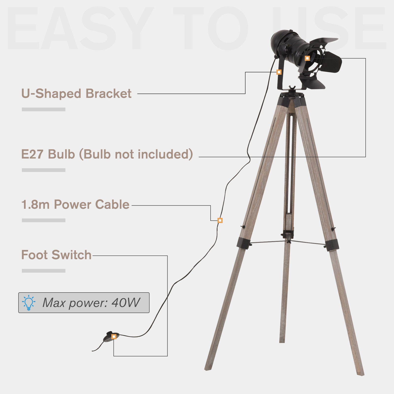 HOMCOM Floor Lamp Non-slip Feet Height Adjustable Camera-shaped