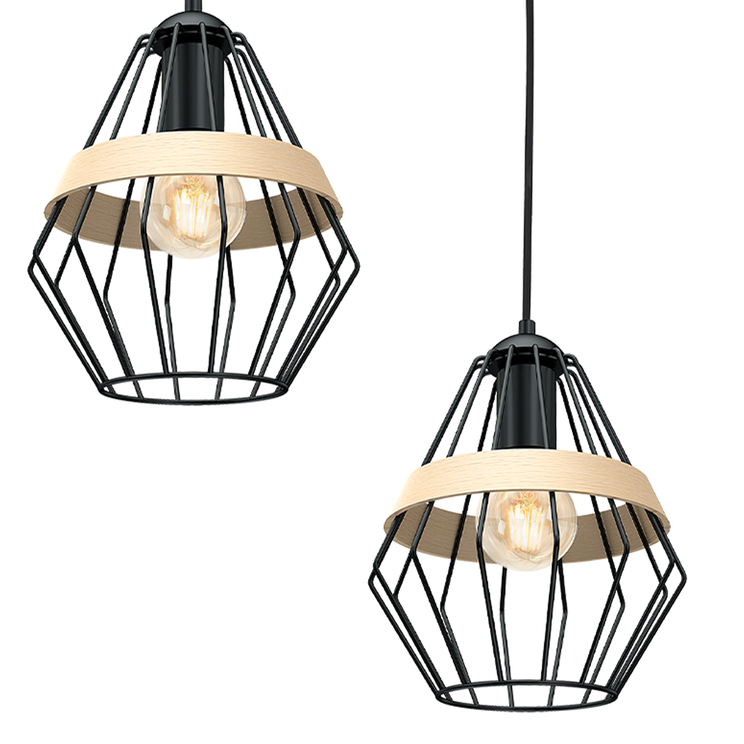 Cliff Black Pendant Lamp 3xe27 Hand Made Matt Black Cage Style Lamps With Natural Wood Detail