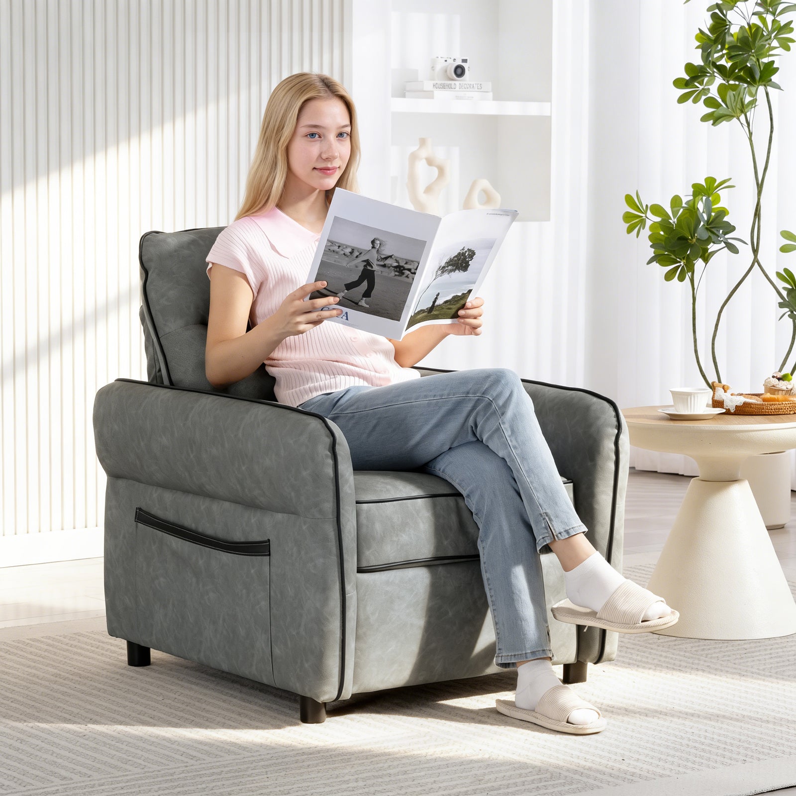 HOMCOM Armchair, Faux Leather Accent Chair With Thicken Cushion