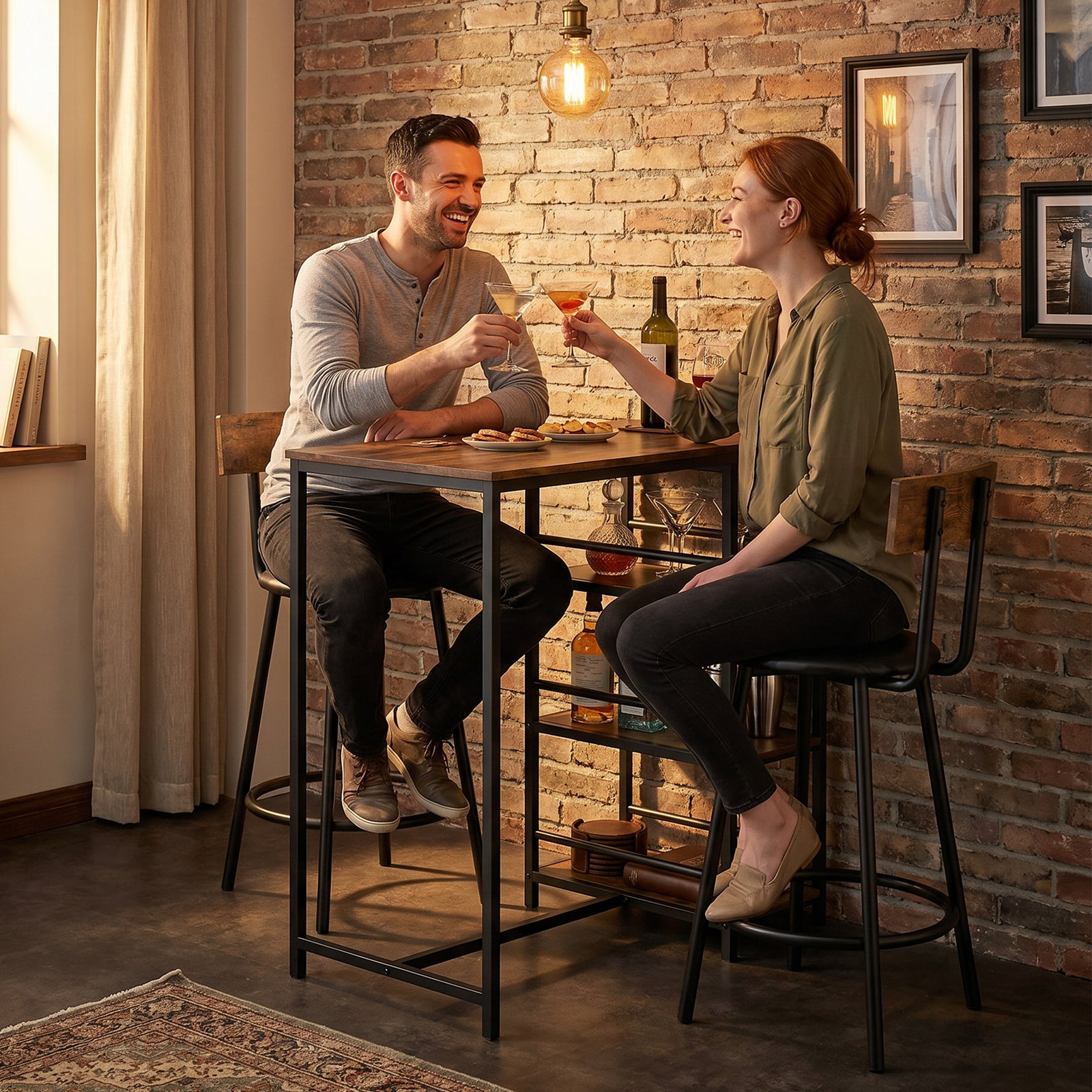 HOMCOM Space Saving Bar Table And Pu Leather Stools For 2, Rustic Brown