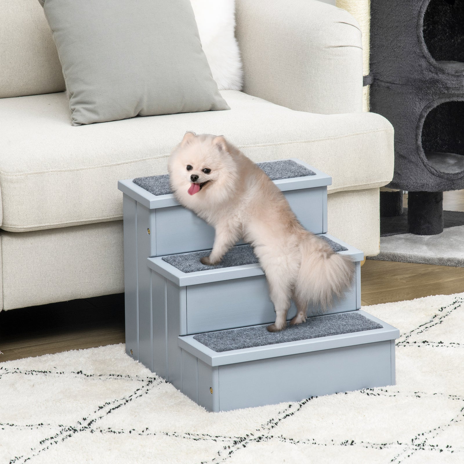 3 Step Wooden Dog Steps Pet Stairs Cat Ladder For Bed With Storage | Gray