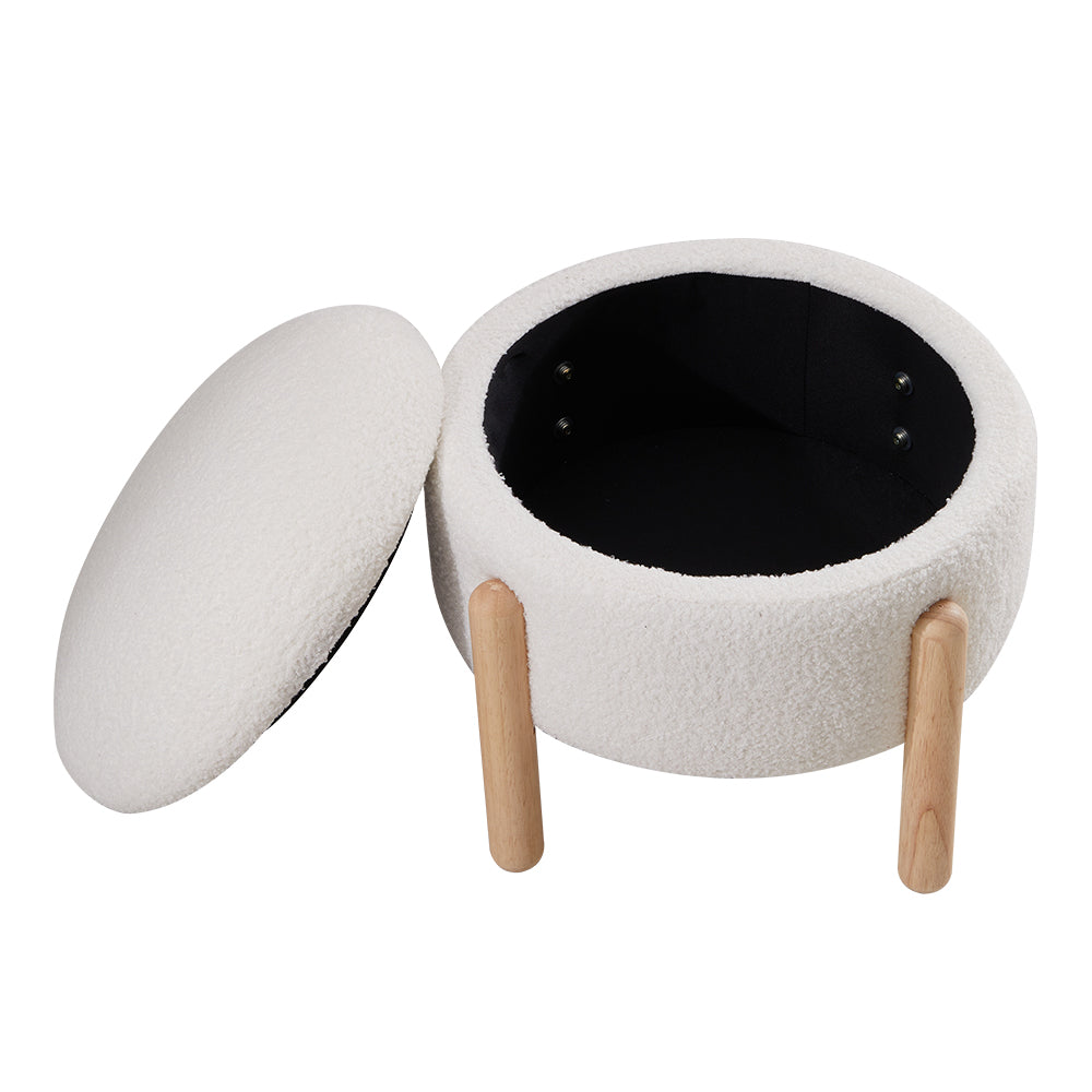 Beige Teddy Fur Upholstered Round Storage Ottoman Footrest