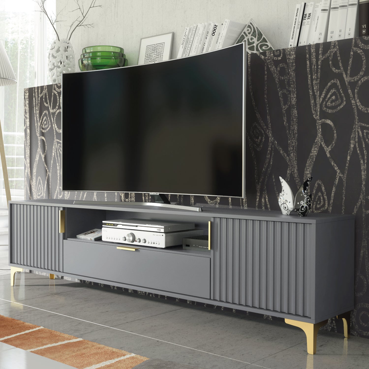 Tide Crest Gold Tv Unit 200cm - Fluted Design | Dark Grey