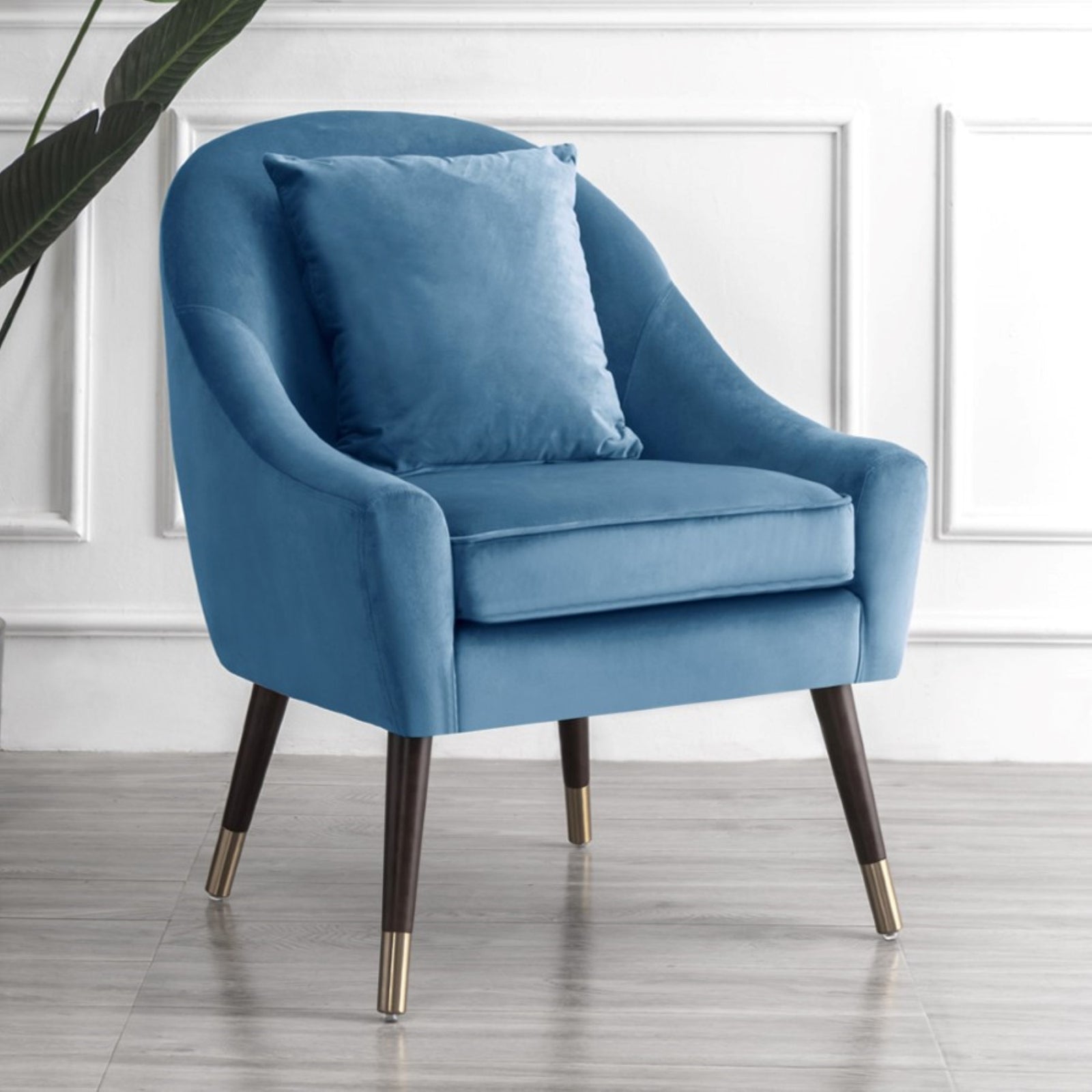 Octavia 74cm Wide Pillow Back Velvet Fabric Accent Chair With Steel Tipped Walnut Colour Wooden Legs | Baby Blue