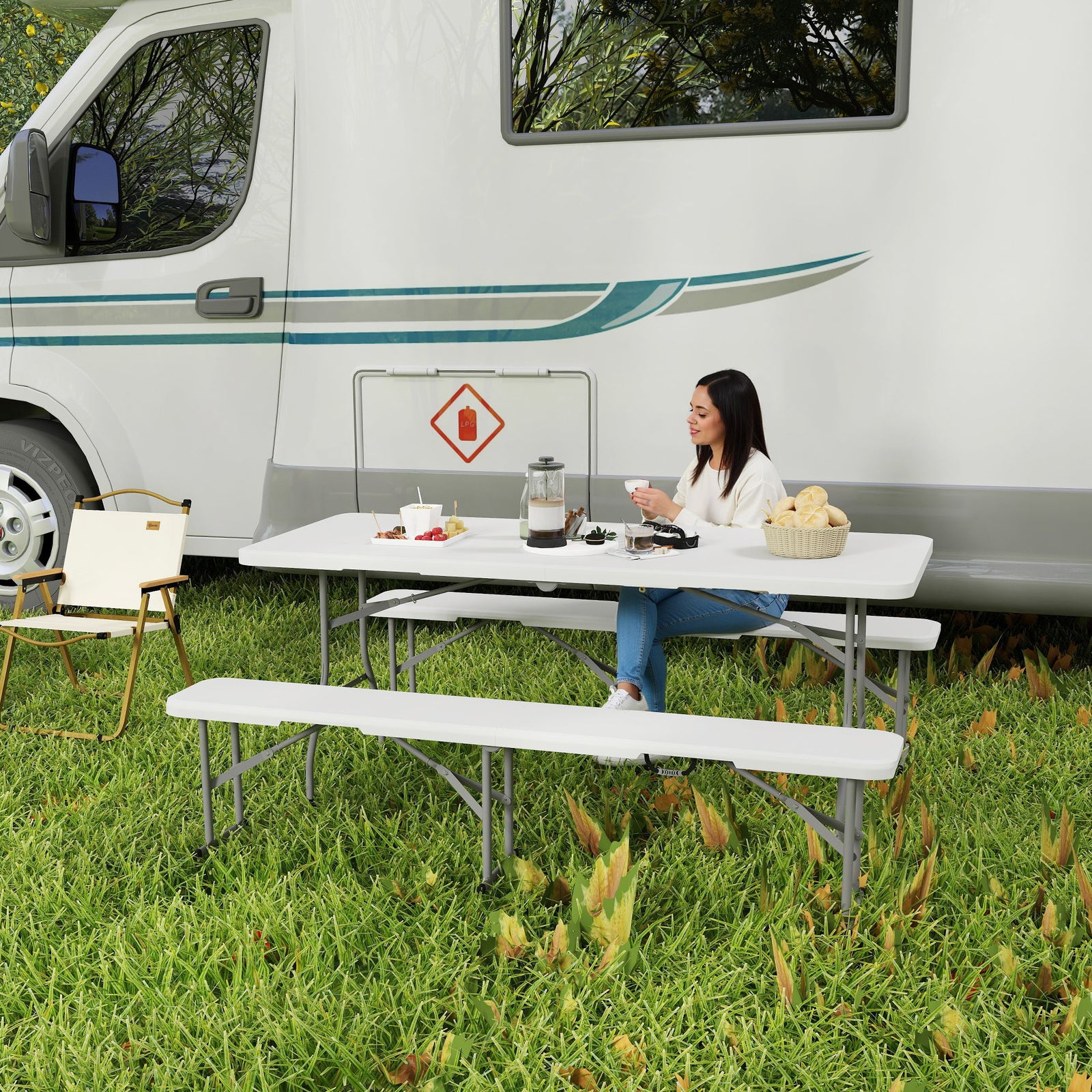 3 Piece Folding Picnic Table And Bench Set W/ Handles