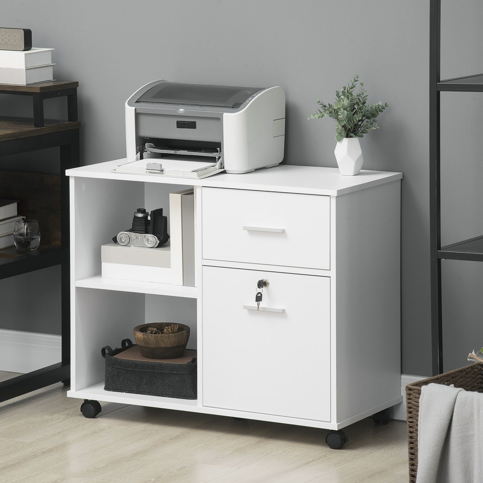Filing Cabinet Mobile Printer Stand Drawer For A4 Size Files | One Size | White